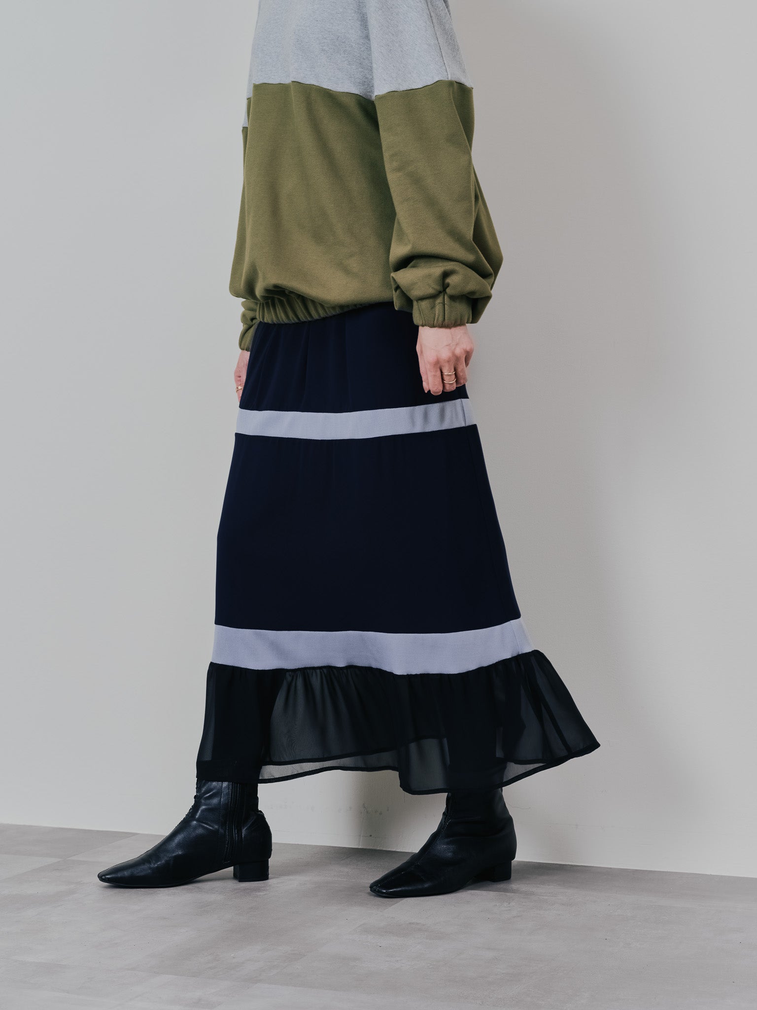 配色リブ切替シフォンスカート [601453] dark navy