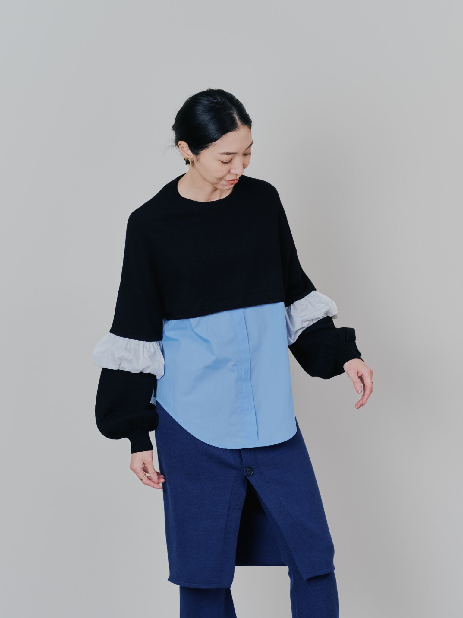 配色シャツレイヤードライクニットトップス [605535] blue