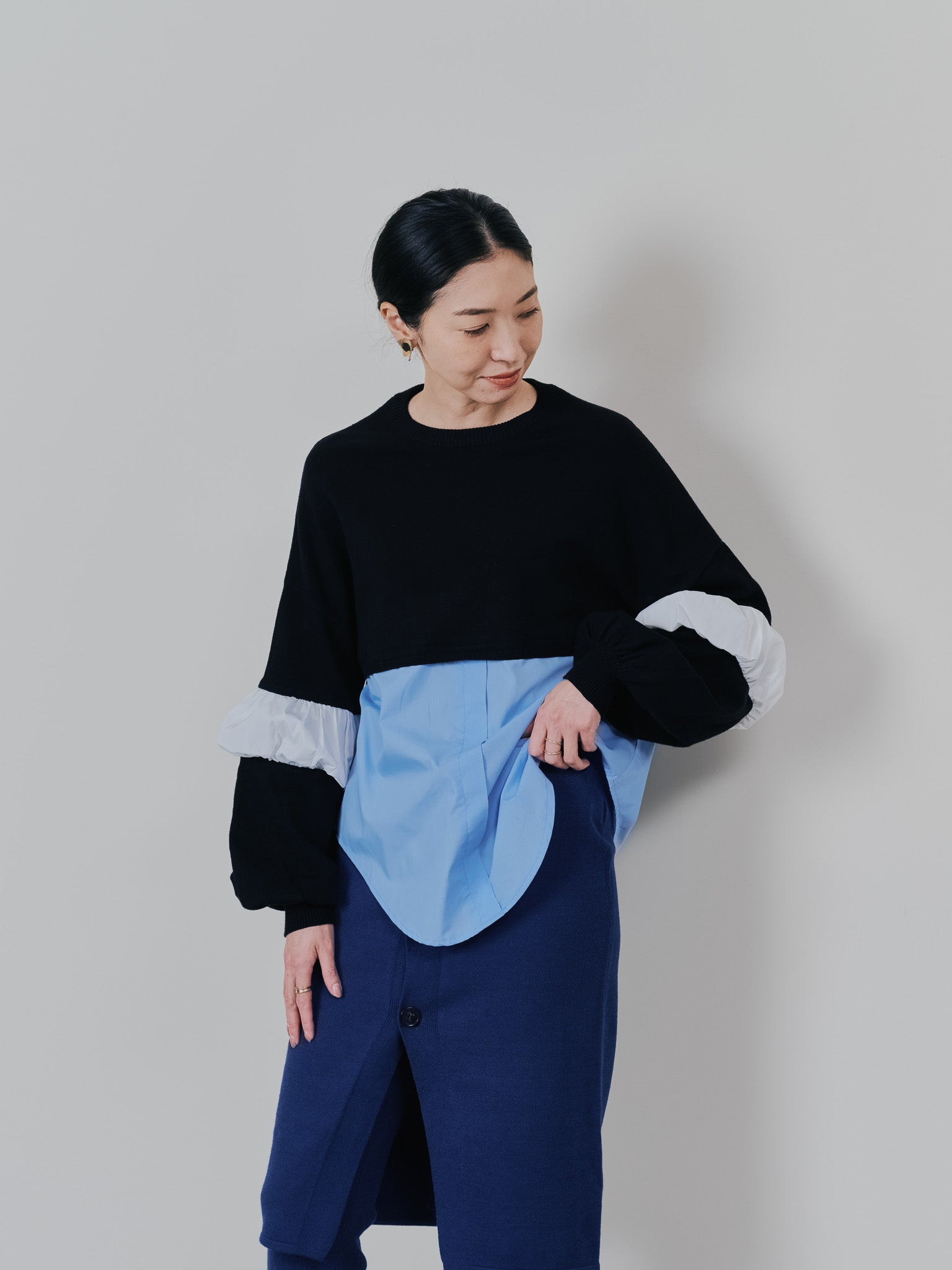 配色シャツレイヤードライクニットトップス [605535] blue