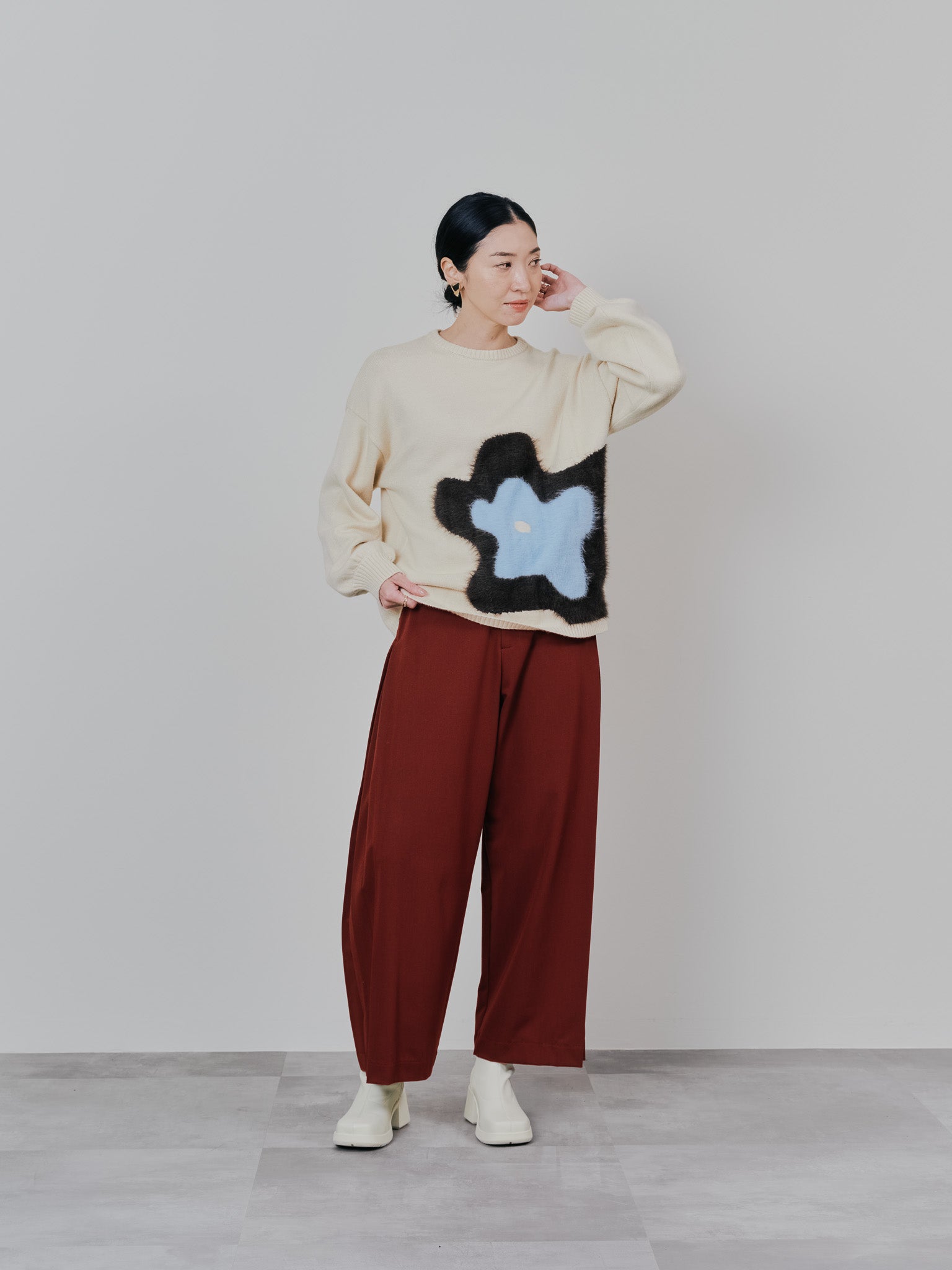 【TIME SALE 11/4まで!!】サイドプリーツ配色ステッチパンツ [601375] wine red