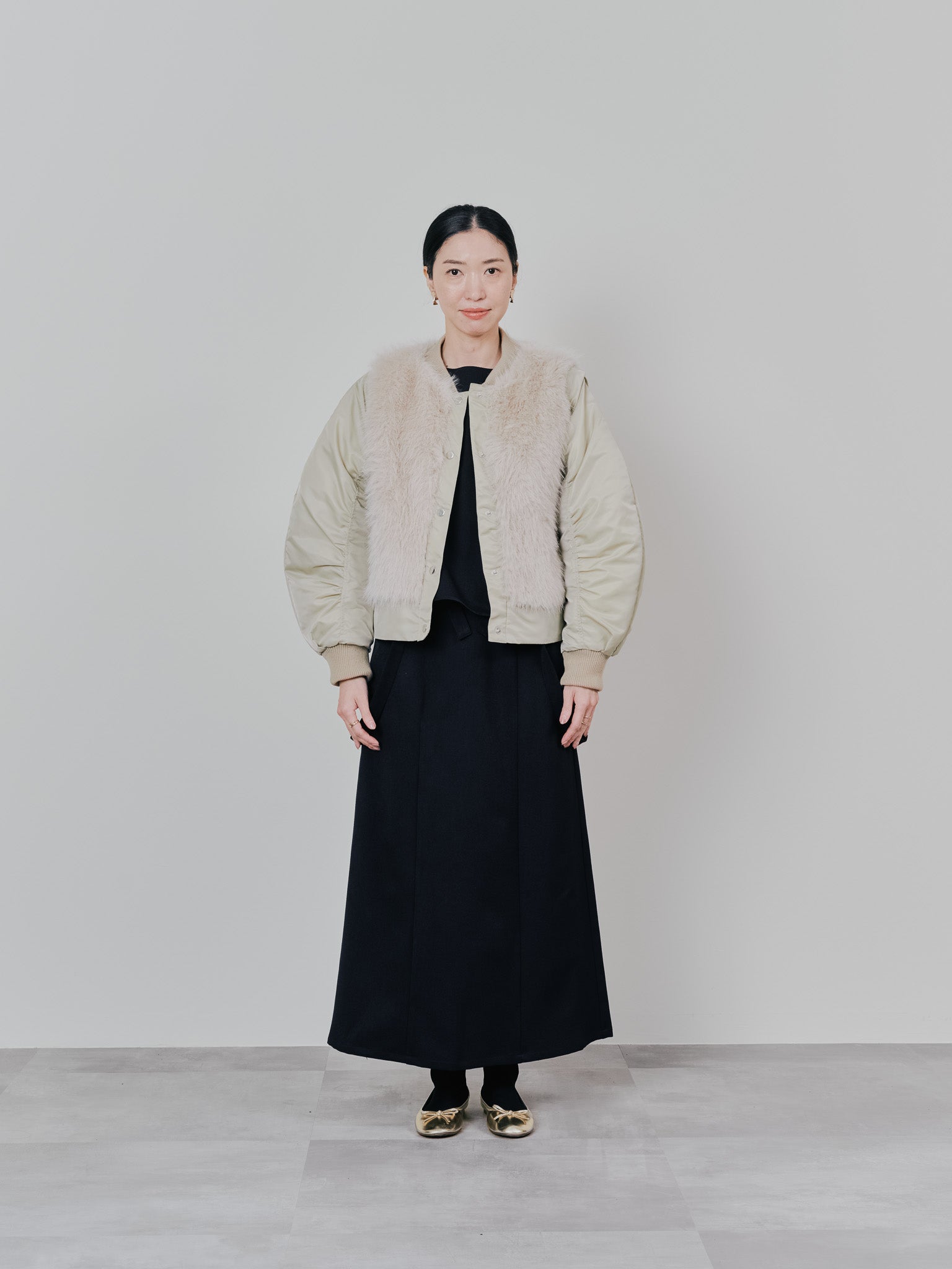 【-PRE SALE- 12/15 18:00まで!!】ダブル衿配色ファーベストレイヤードライク中綿ジャケット [605546] beige