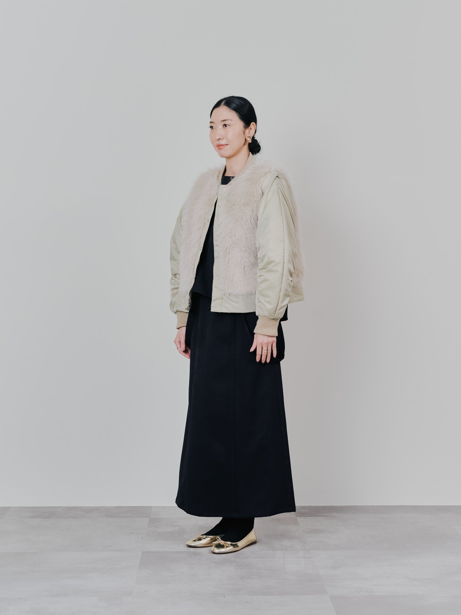 【-PRE SALE- 12/15 18:00まで!!】ダブル衿配色ファーベストレイヤードライク中綿ジャケット [605546] beige