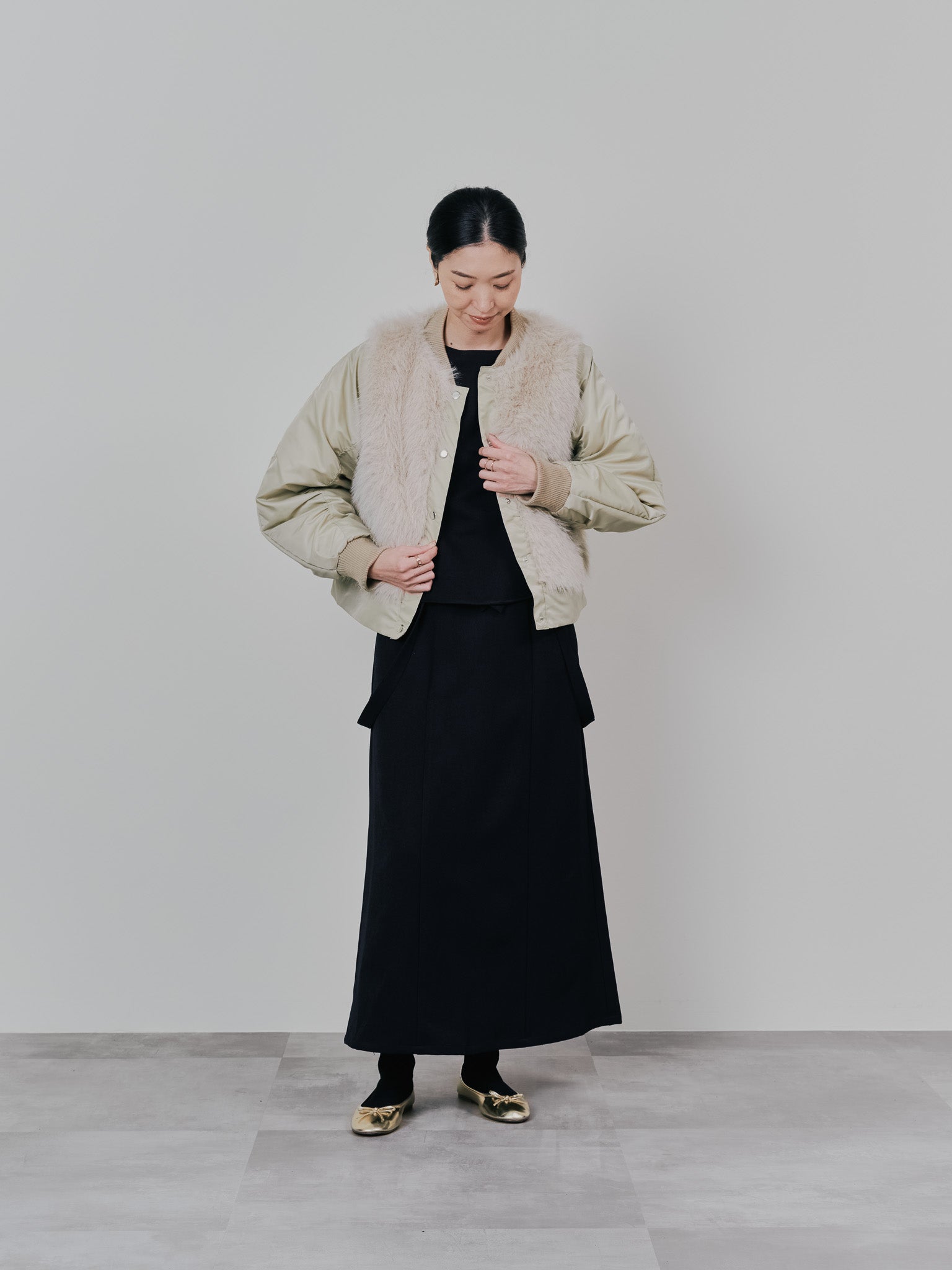 【-PRE SALE- 12/15 18:00まで!!】ダブル衿配色ファーベストレイヤードライク中綿ジャケット [605546] beige