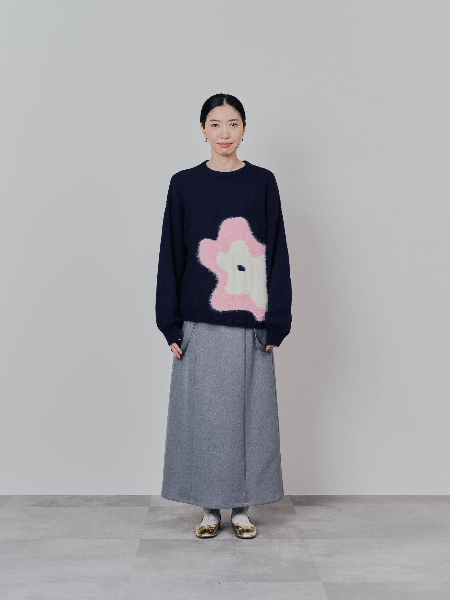 フラワーモチーフニットトップス [601408] navy