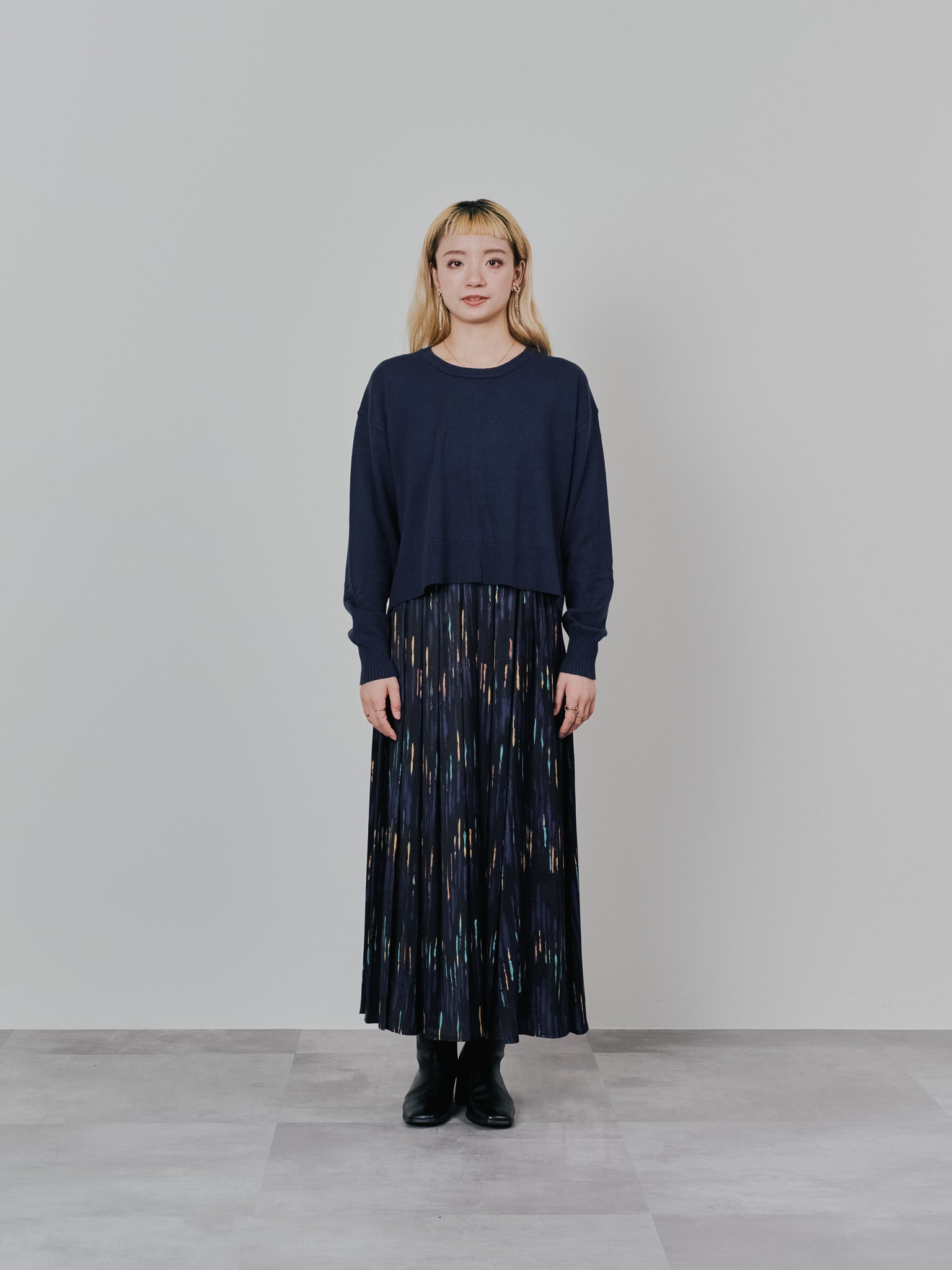 【-PRE SALE- 12/15 18:00まで!!】アートラインプリントハーフプリーツスカート [605538] black