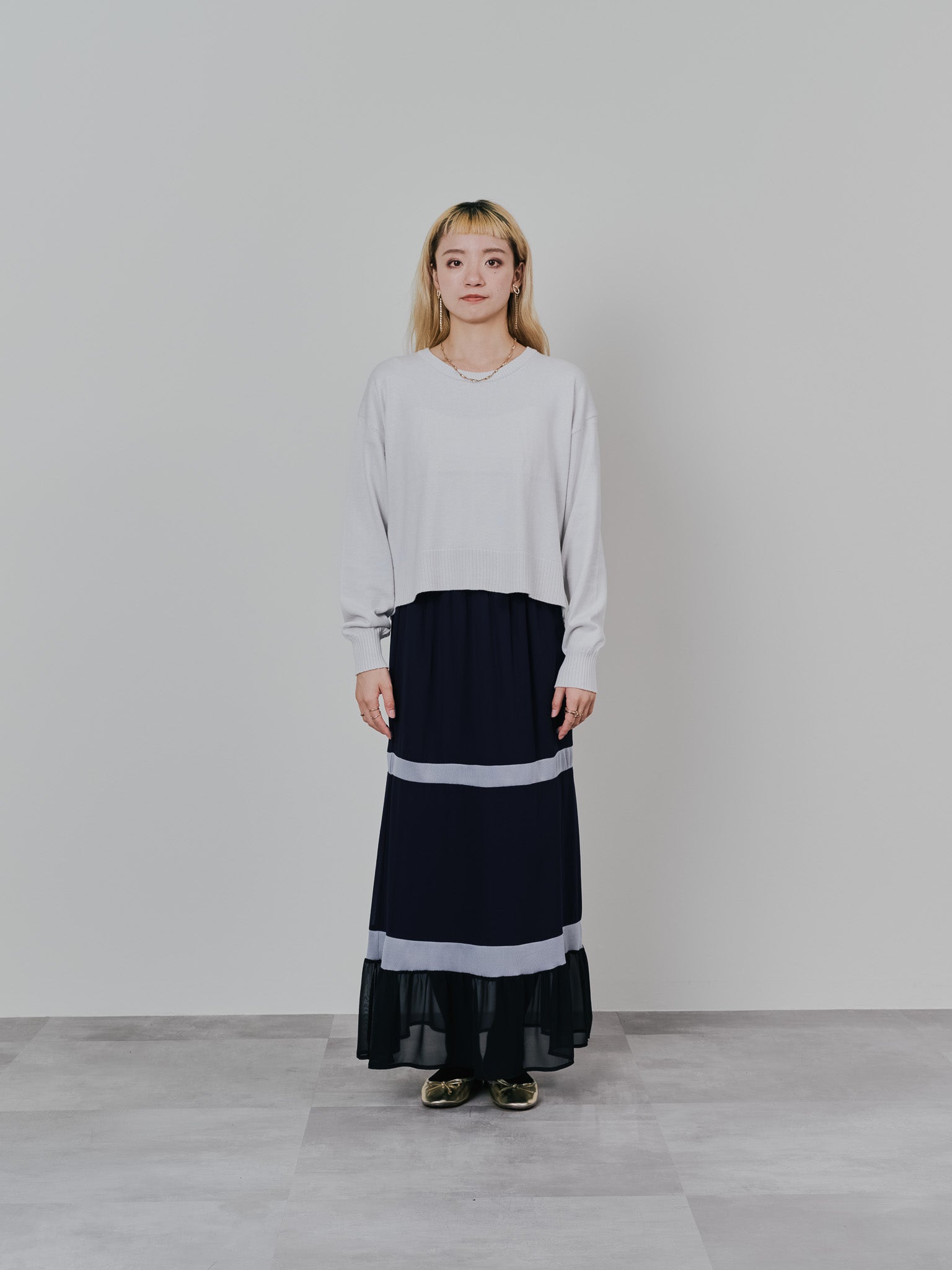 配色リブ切替シフォンスカート [601453] dark navy