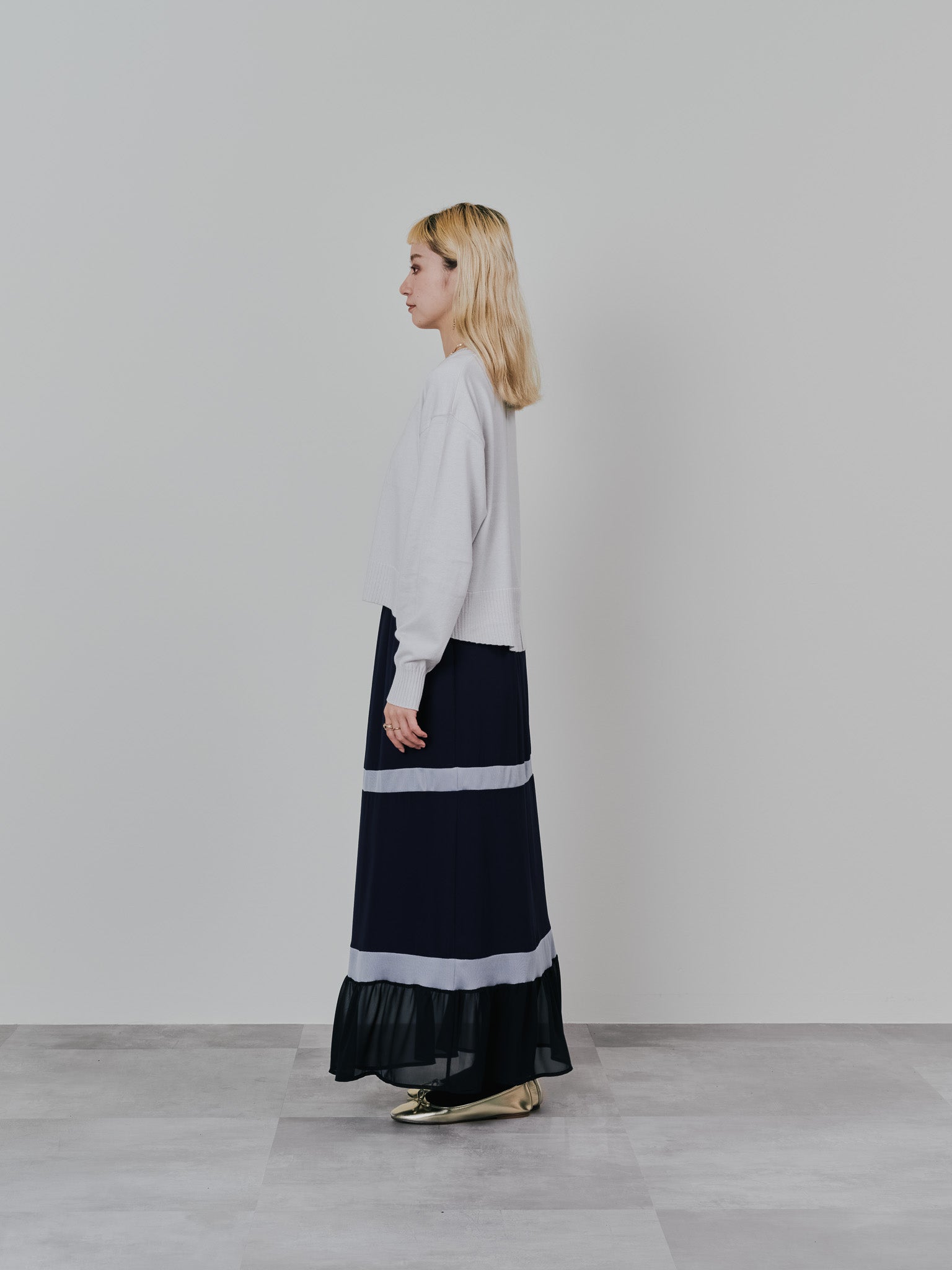 配色リブ切替シフォンスカート [601453] dark navy