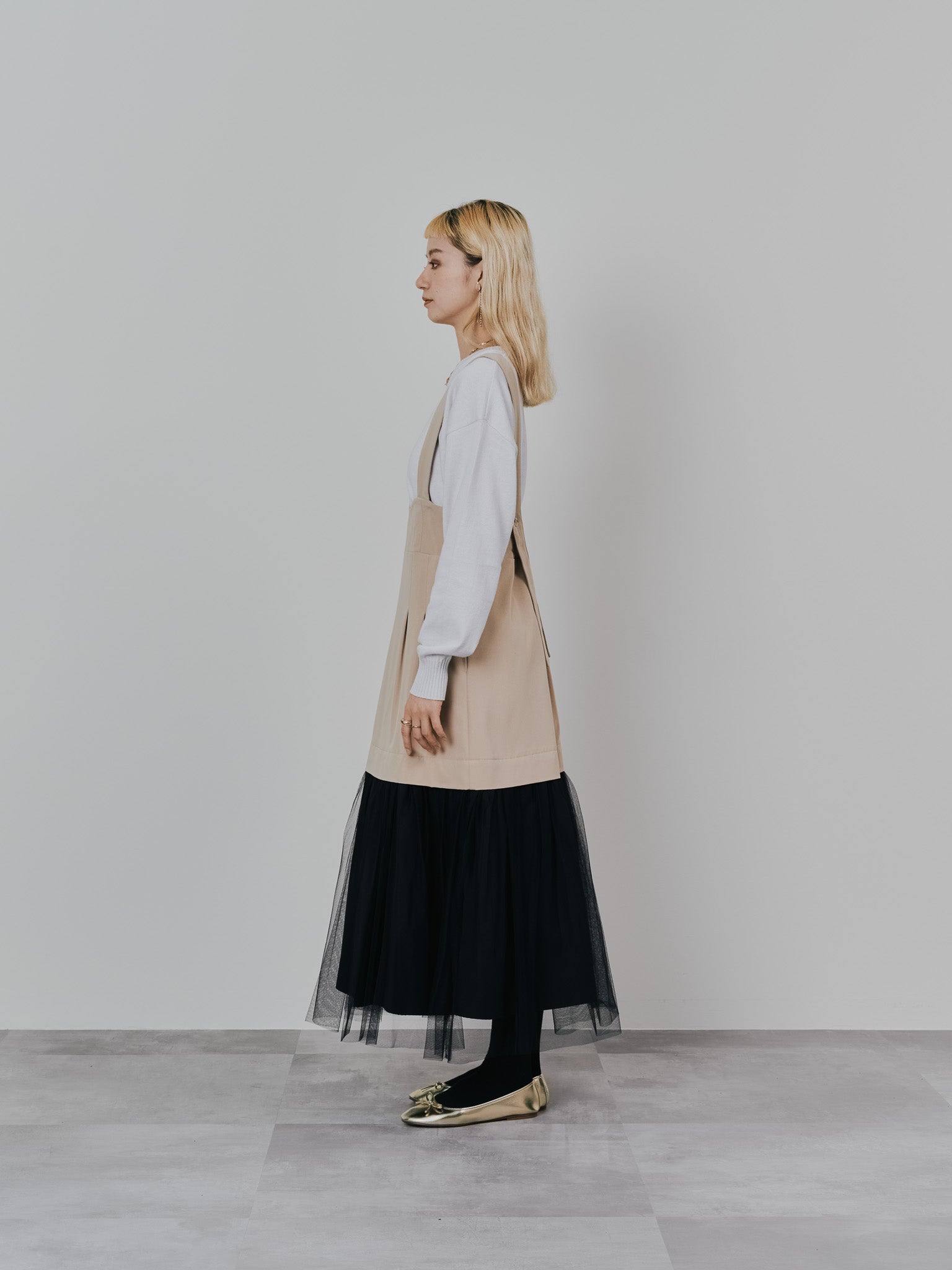 【-PRE SALE- 12/15 18:00まで!!】チュールドッキングチノジャンパースカ―ト [601418] beige