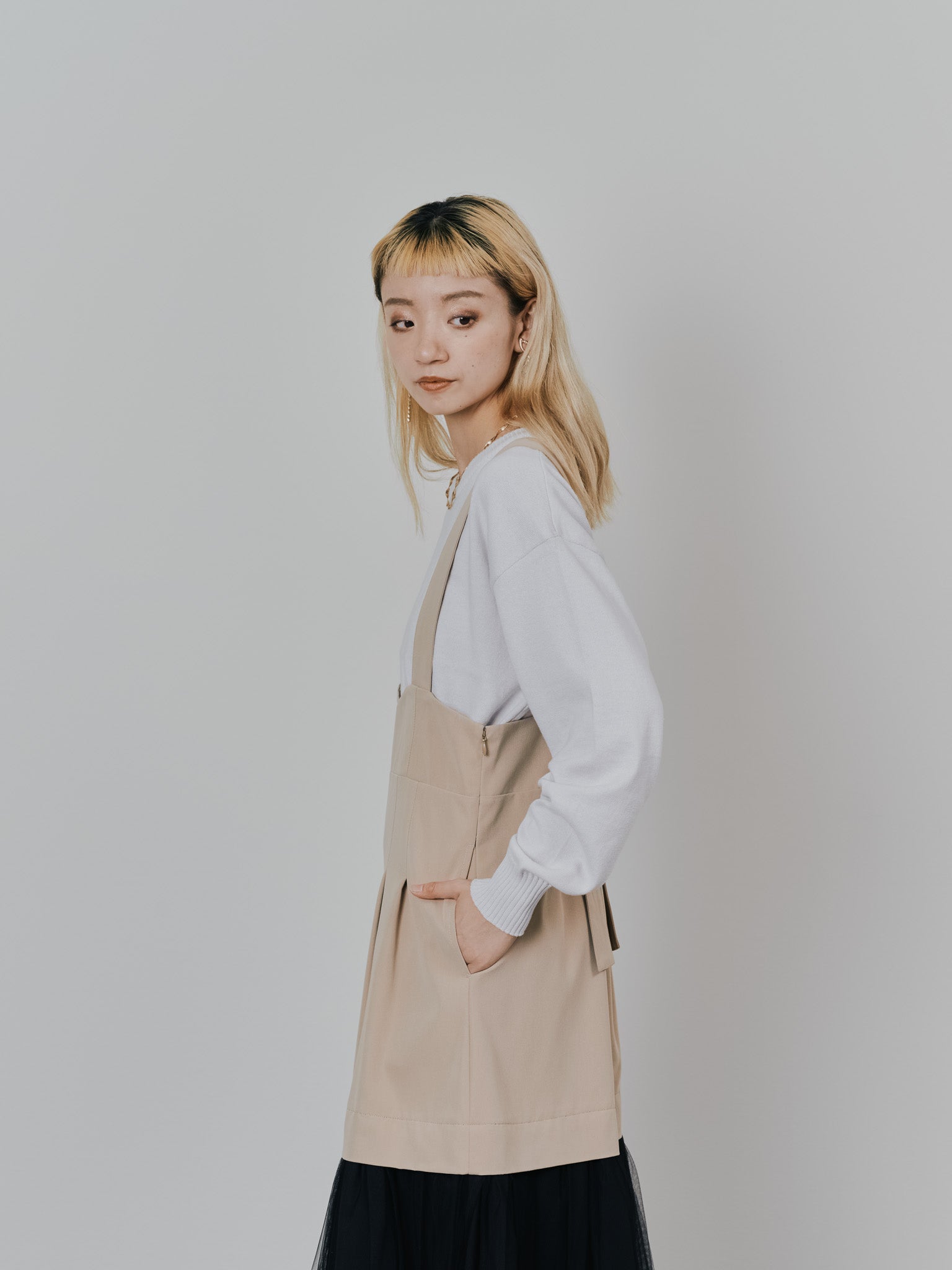 【-PRE SALE- 12/15 18:00まで!!】チュールドッキングチノジャンパースカ―ト [601418] beige