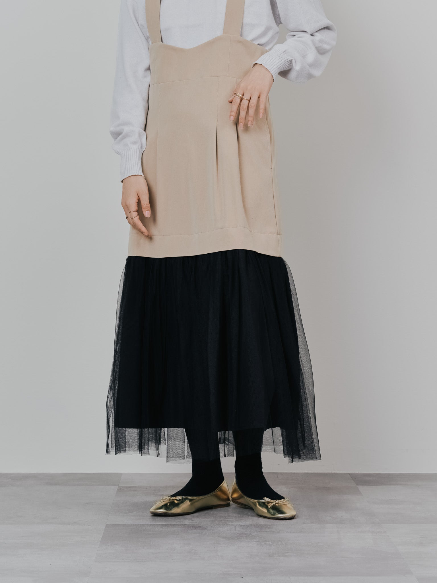 【-PRE SALE- 12/15 18:00まで!!】チュールドッキングチノジャンパースカ―ト [601418] beige