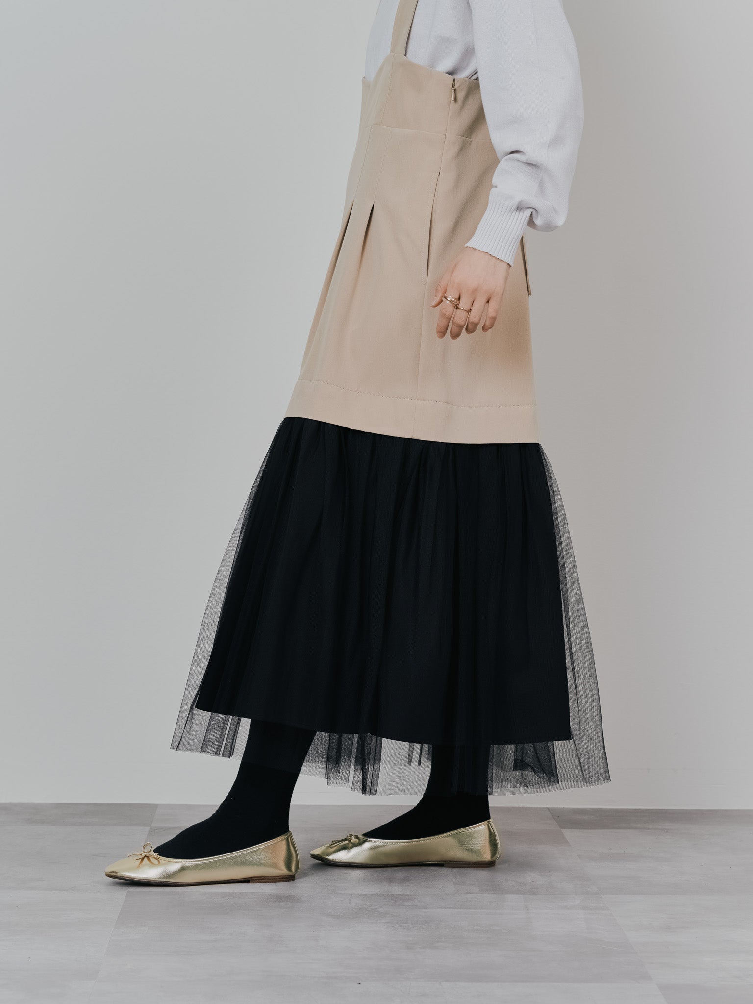 【-PRE SALE- 12/15 18:00まで!!】チュールドッキングチノジャンパースカ―ト [601418] beige