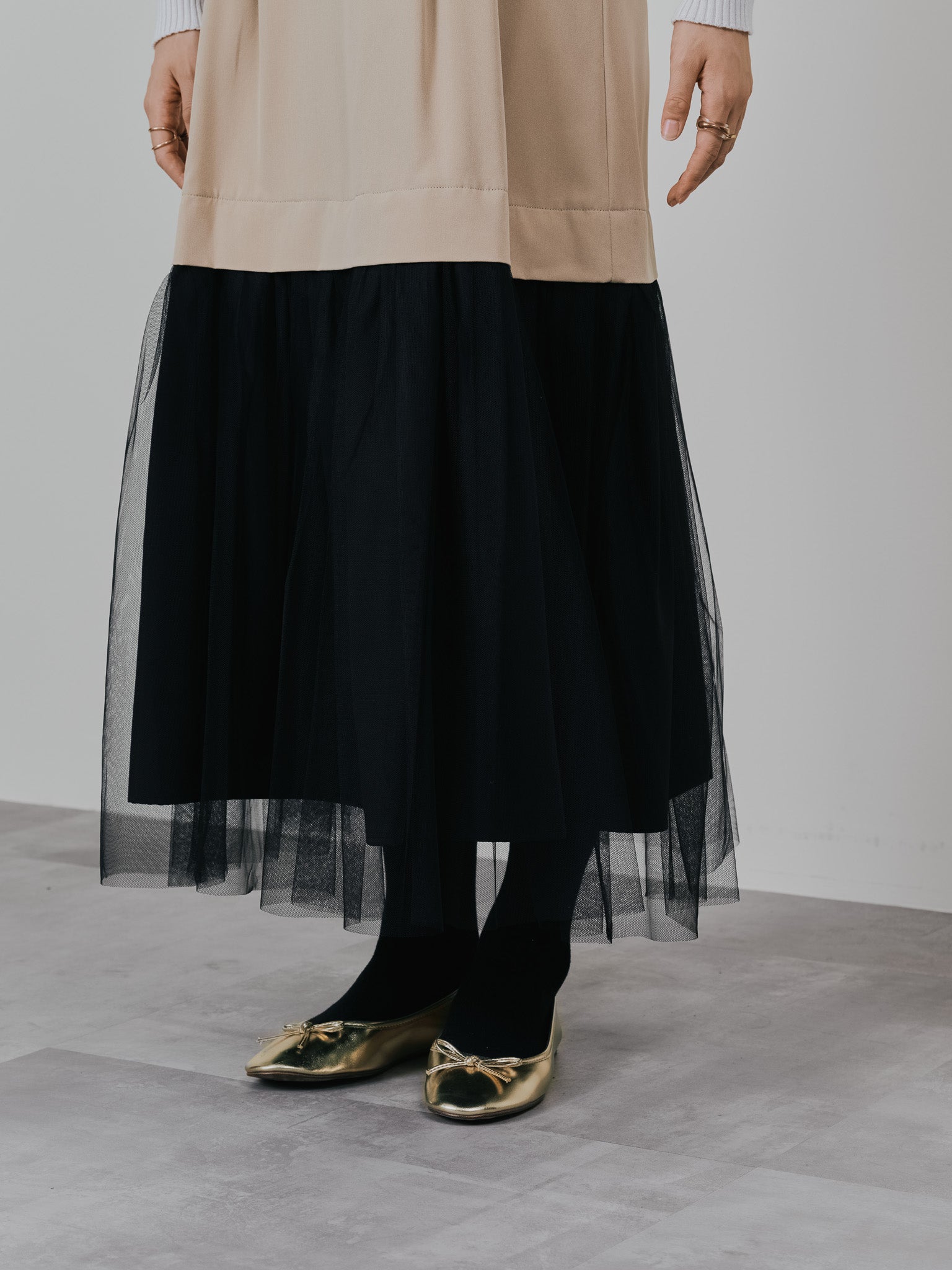 【-PRE SALE- 12/15 18:00まで!!】チュールドッキングチノジャンパースカ―ト [601418] beige