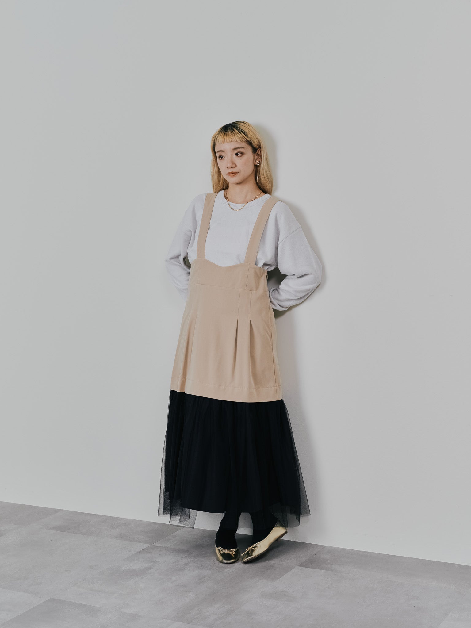 【-PRE SALE- 12/15 18:00まで!!】チュールドッキングチノジャンパースカ―ト [601418] beige