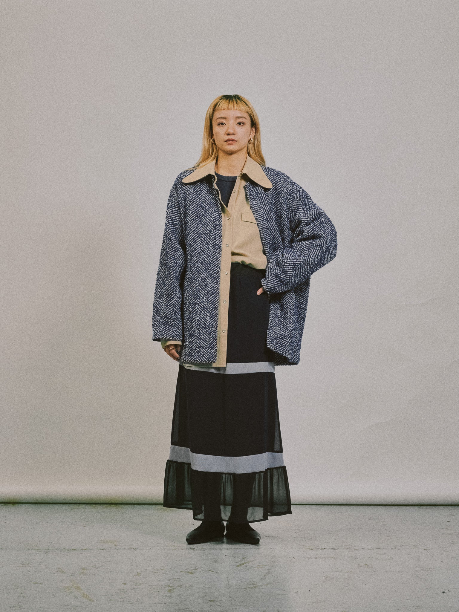 【SALE】配色リブ切替シフォンスカート [601453] dark navy