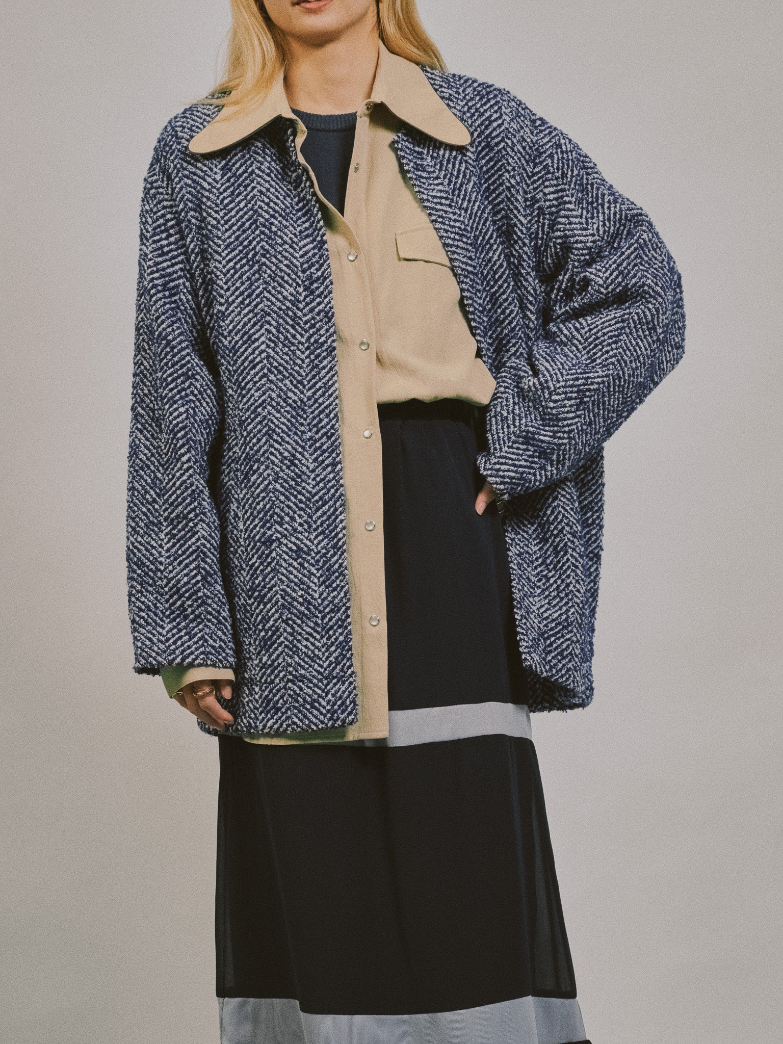 【-PRE SALE- 12/15 18:00まで!!】バックタックヘリンボーンツィードコーディガン [605561] blue