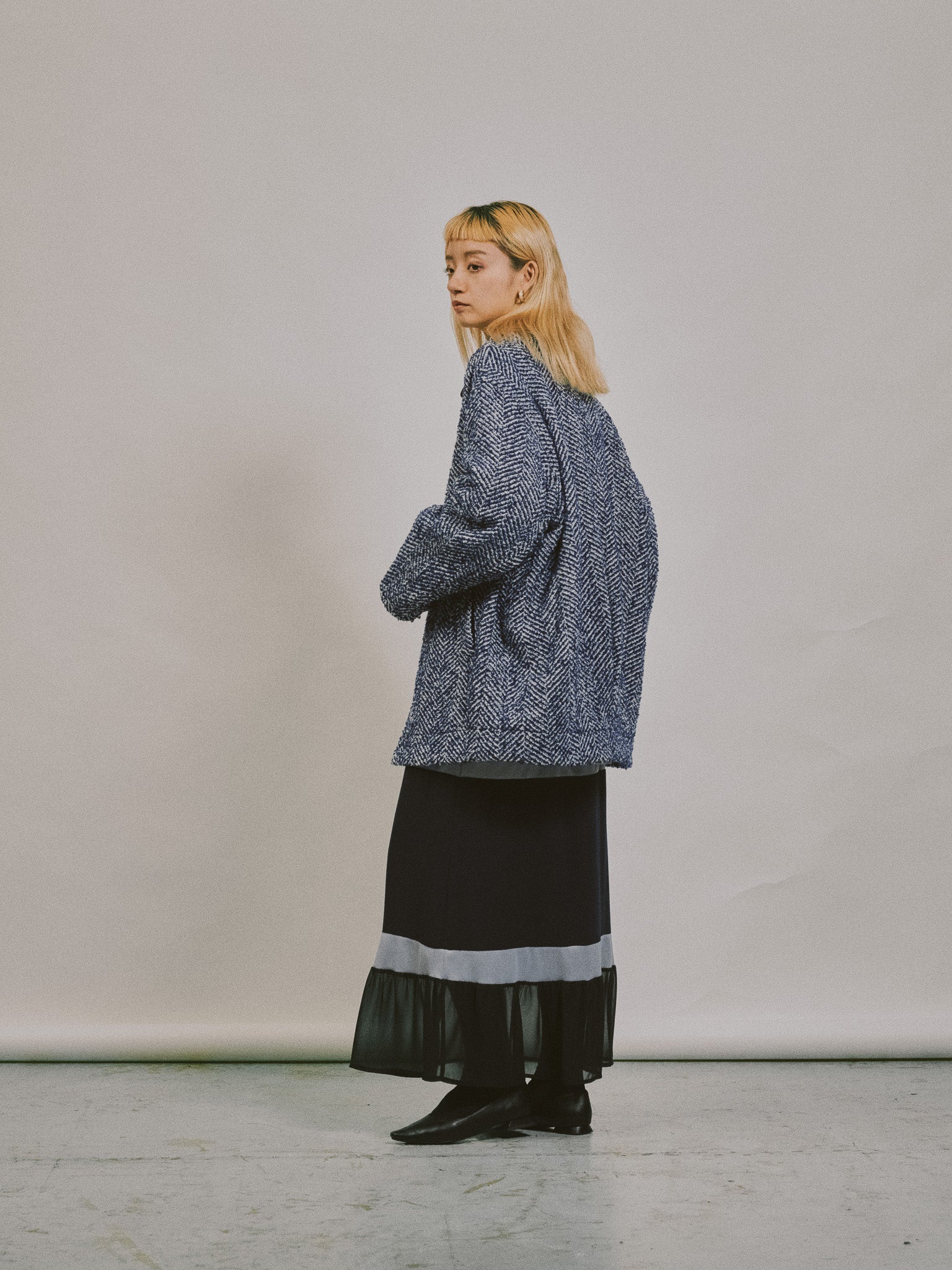 【SALE】配色リブ切替シフォンスカート [601453] dark navy