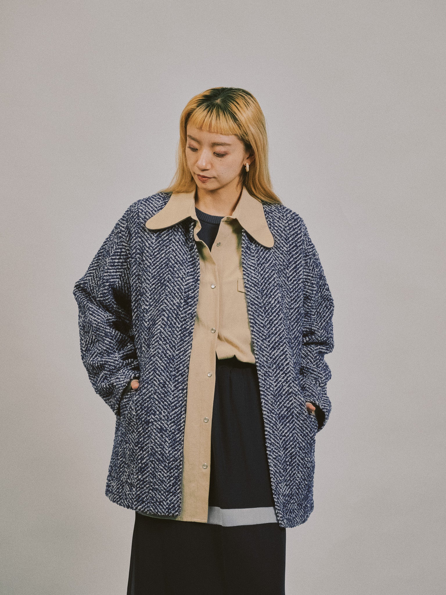 【-PRE SALE- 12/15 18:00まで!!】バックタックヘリンボーンツィードコーディガン [605561] blue