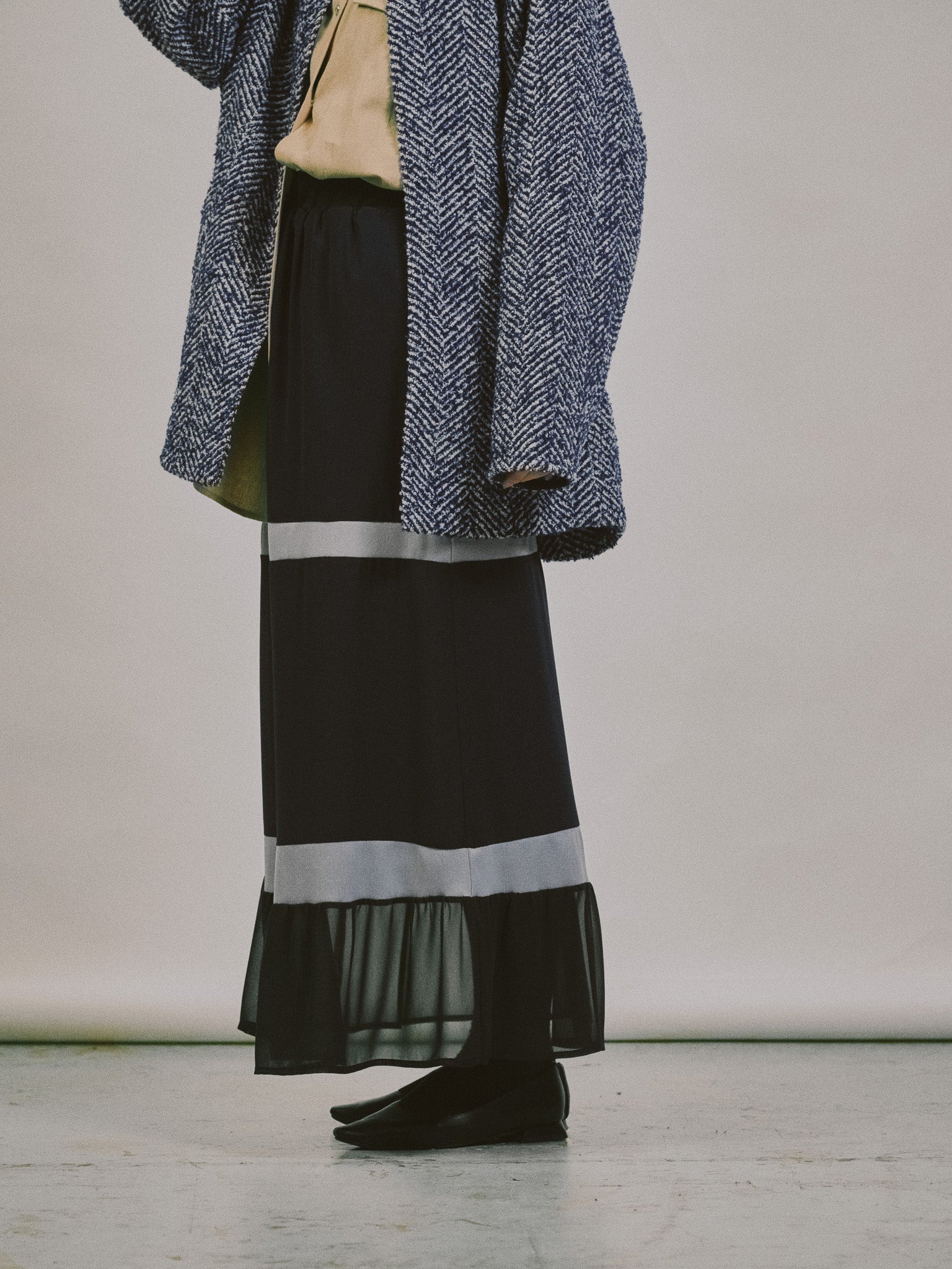 【SALE】配色リブ切替シフォンスカート [601453] dark navy