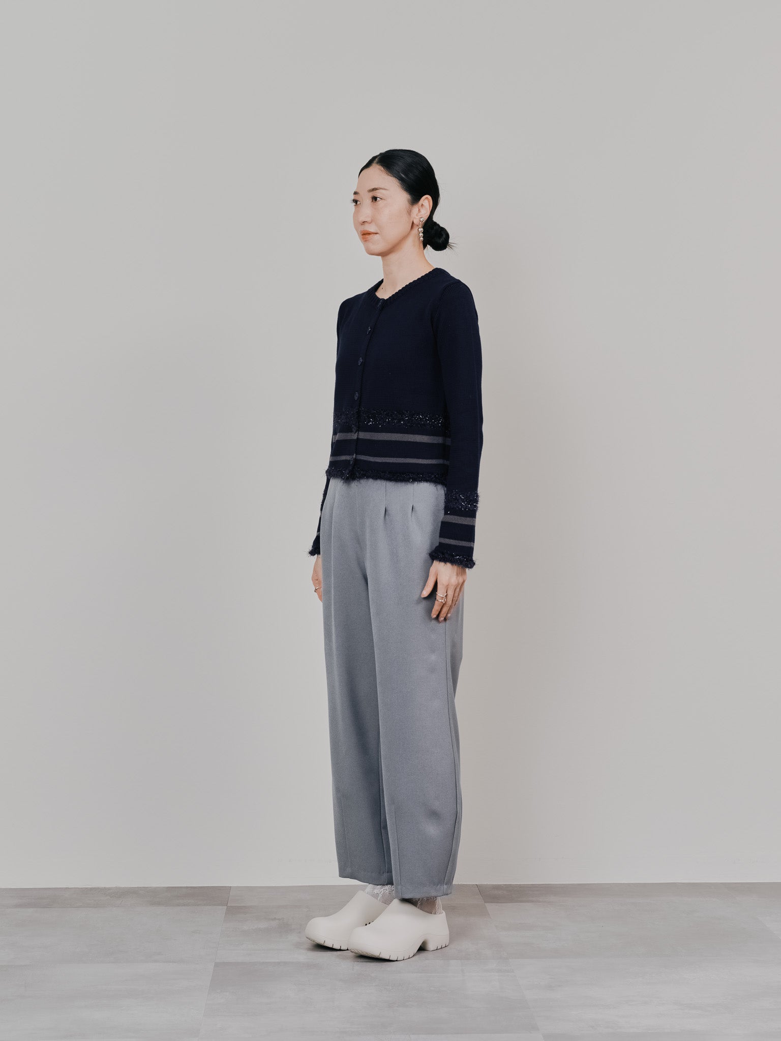 ポイントポップコーンマルチボーダーニットカーディガン [601458] dark navy