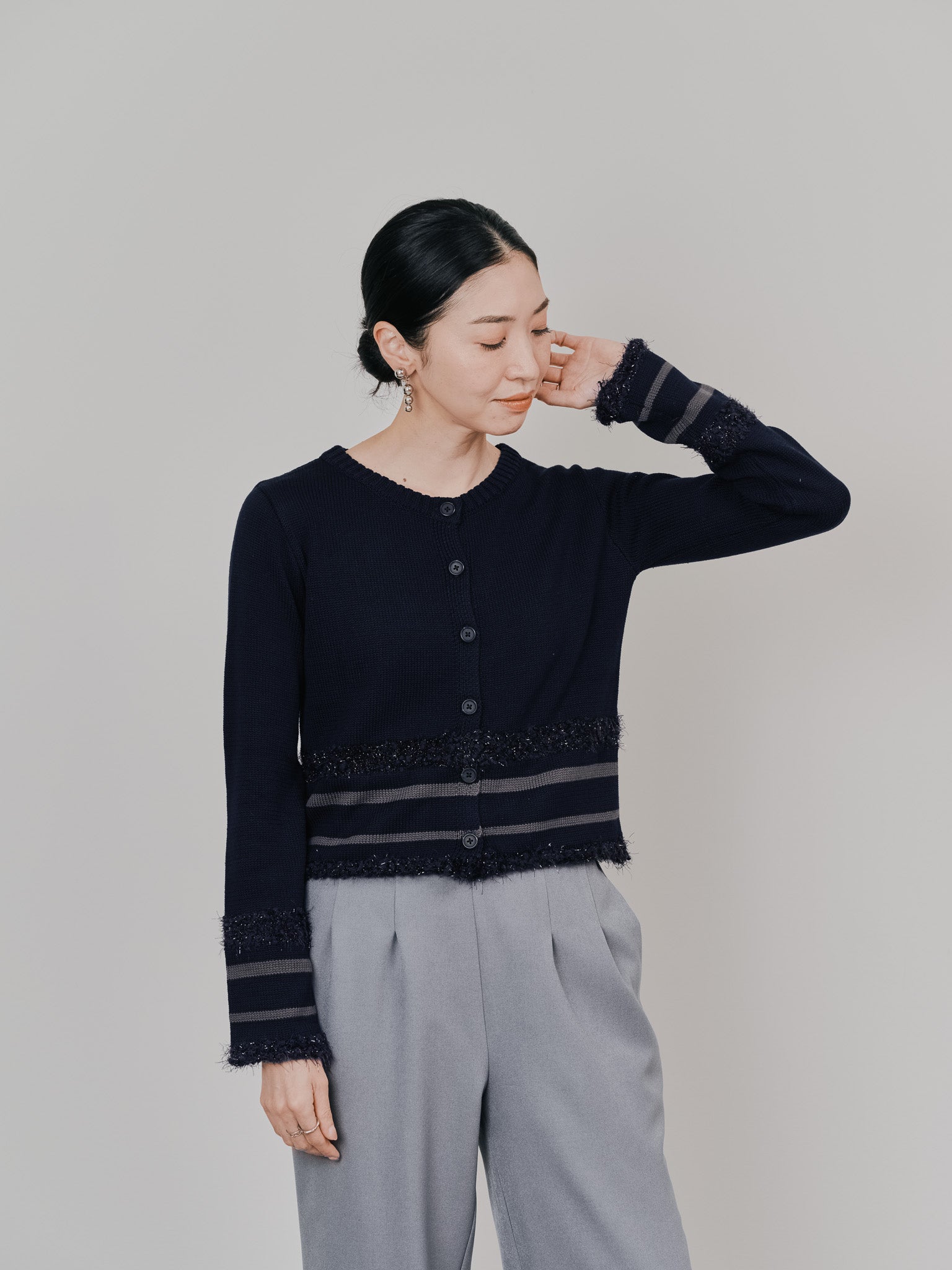 ポイントポップコーンマルチボーダーニットカーディガン [601458] dark navy