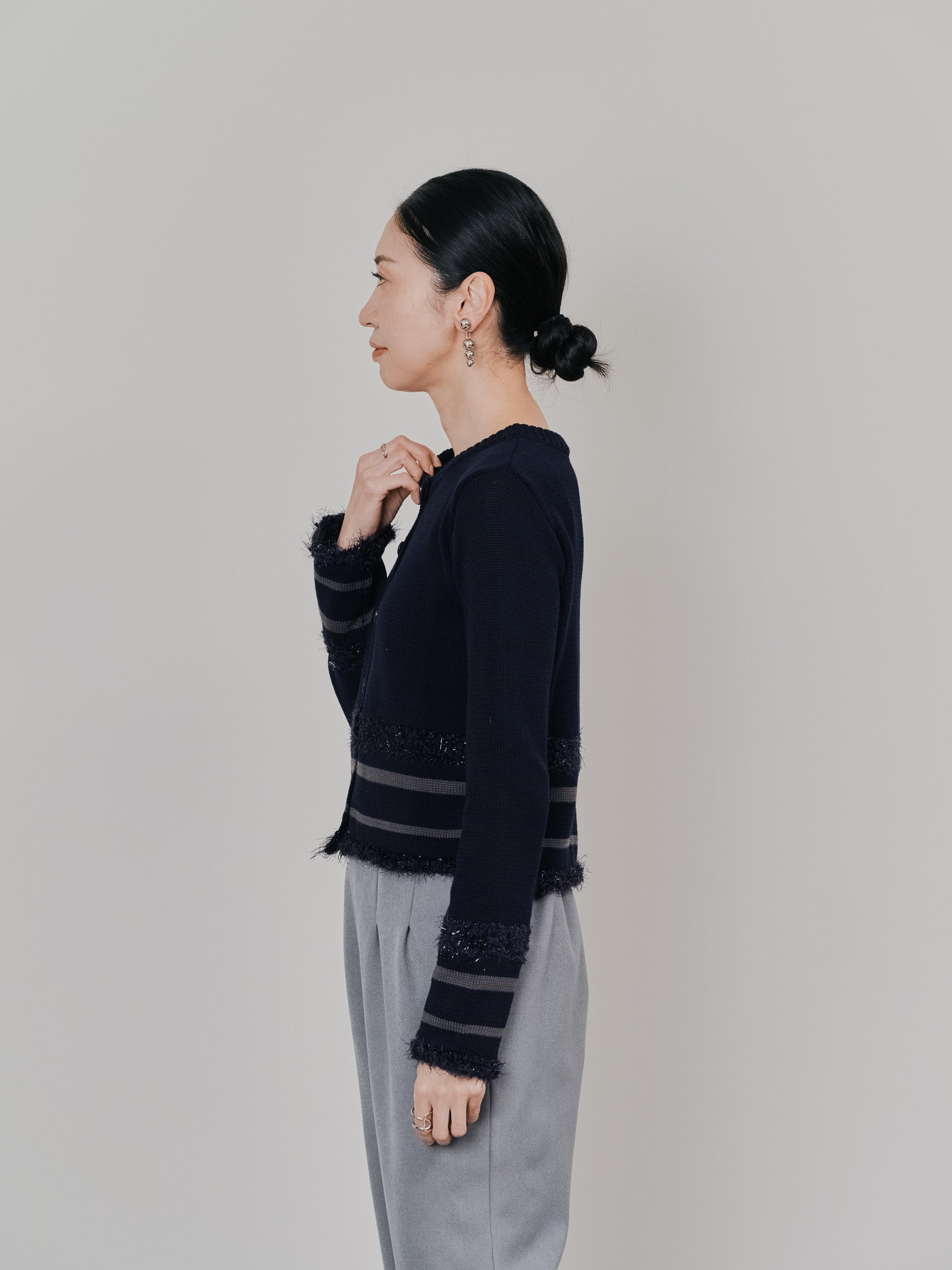 ポイントポップコーンマルチボーダーニットカーディガン [601458] dark navy