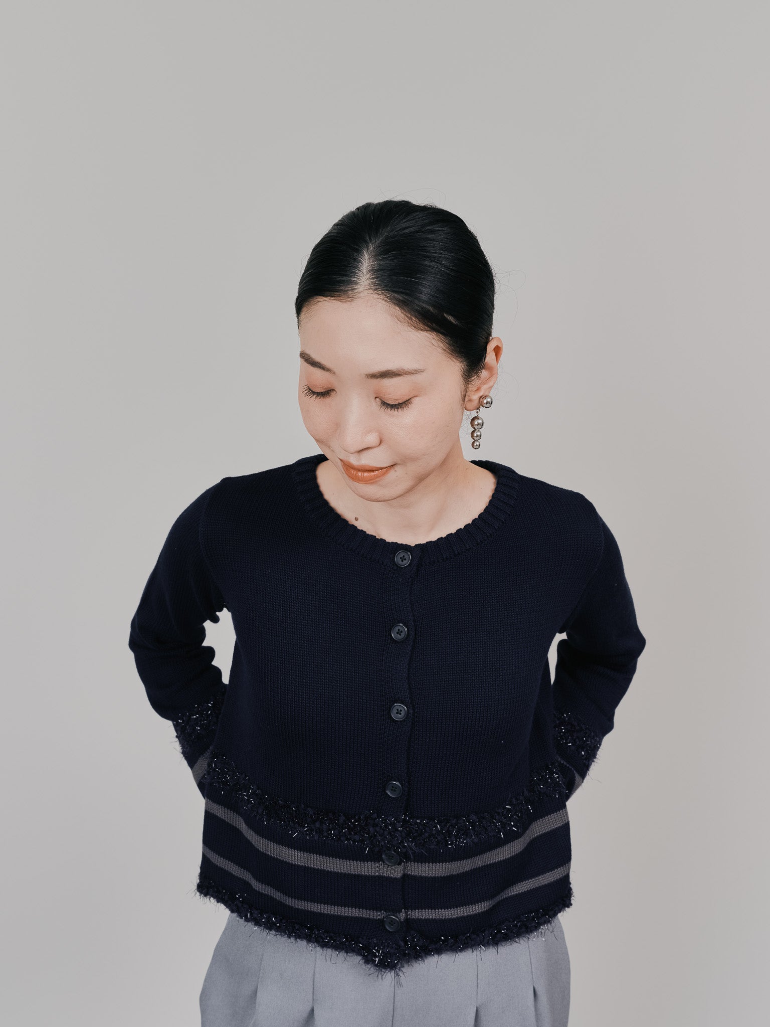 ポイントポップコーンマルチボーダーニットカーディガン [601458] dark navy