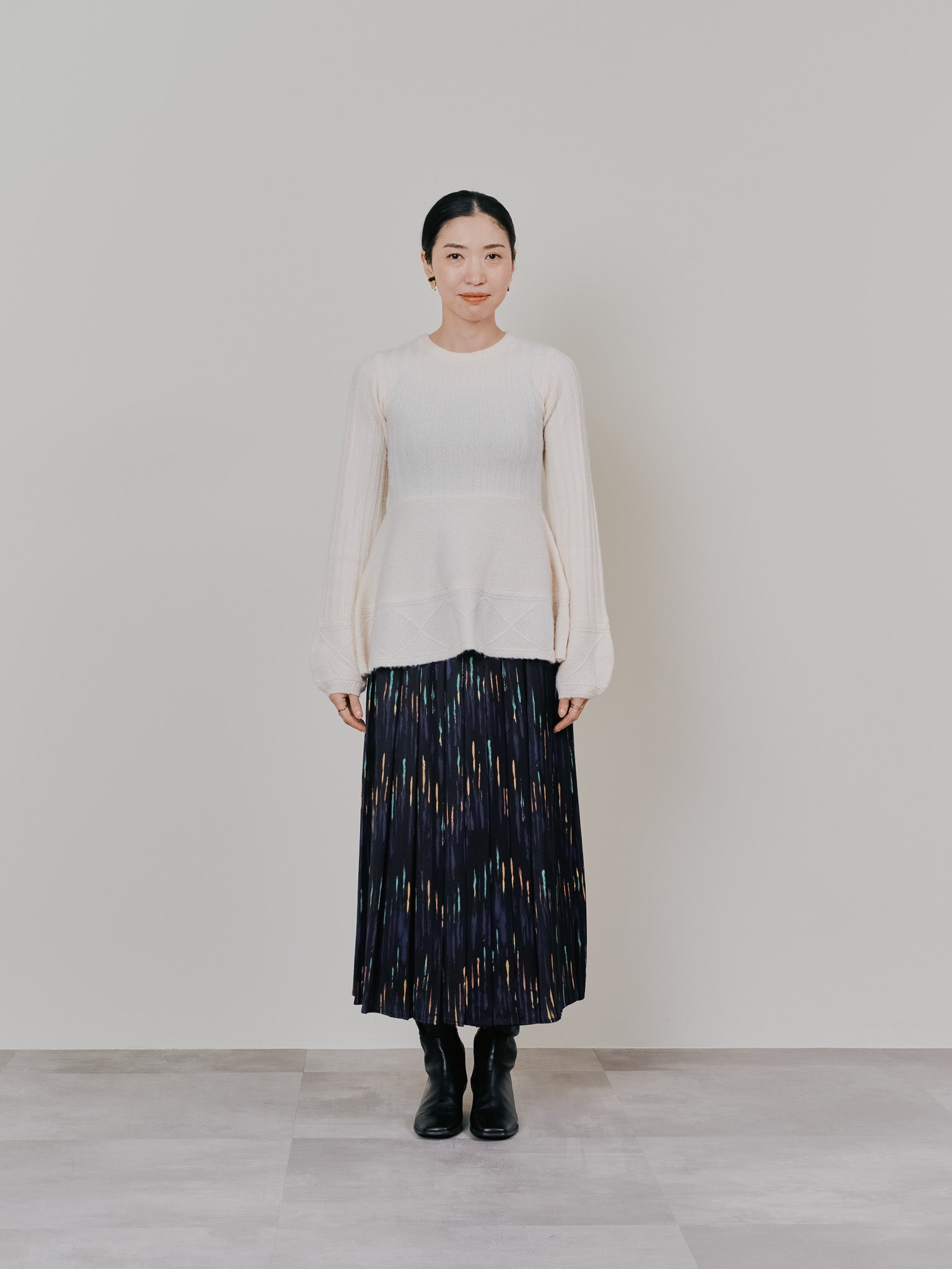 ケーブルペプラムニットトップス [605534] ivory