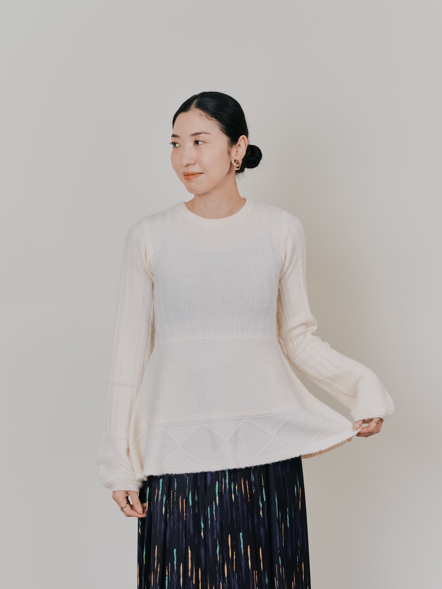 ケーブルペプラムニットトップス [605534] ivory