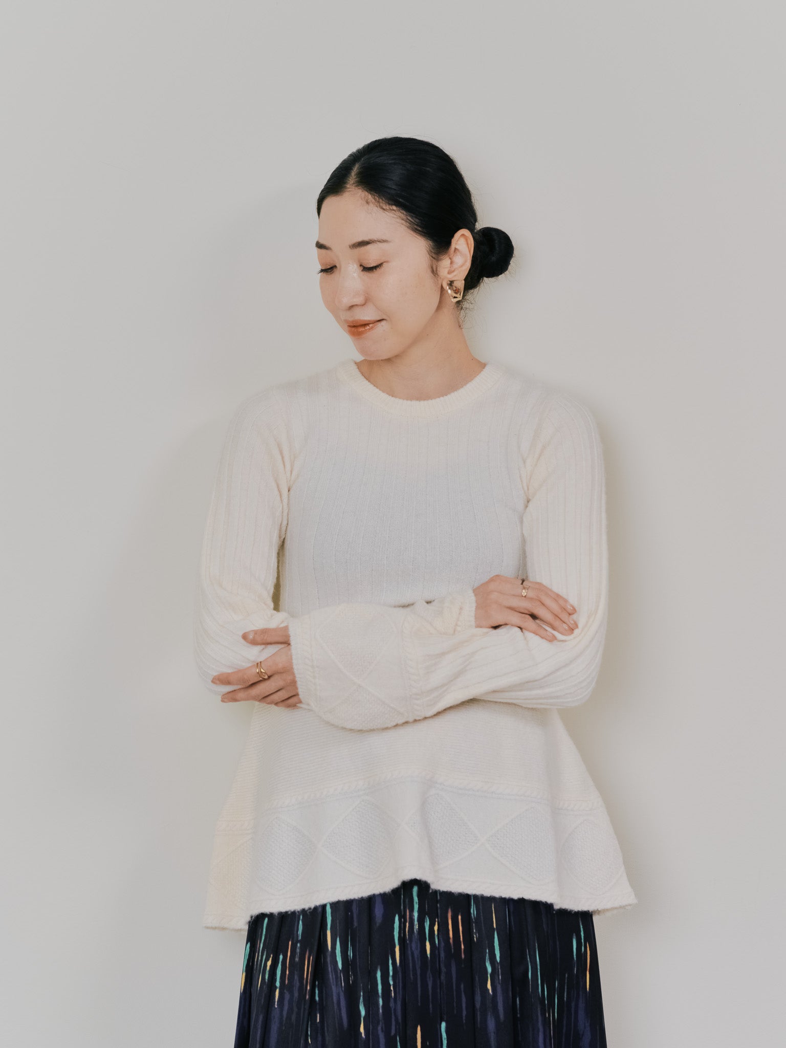 ケーブルペプラムニットトップス [605534] ivory