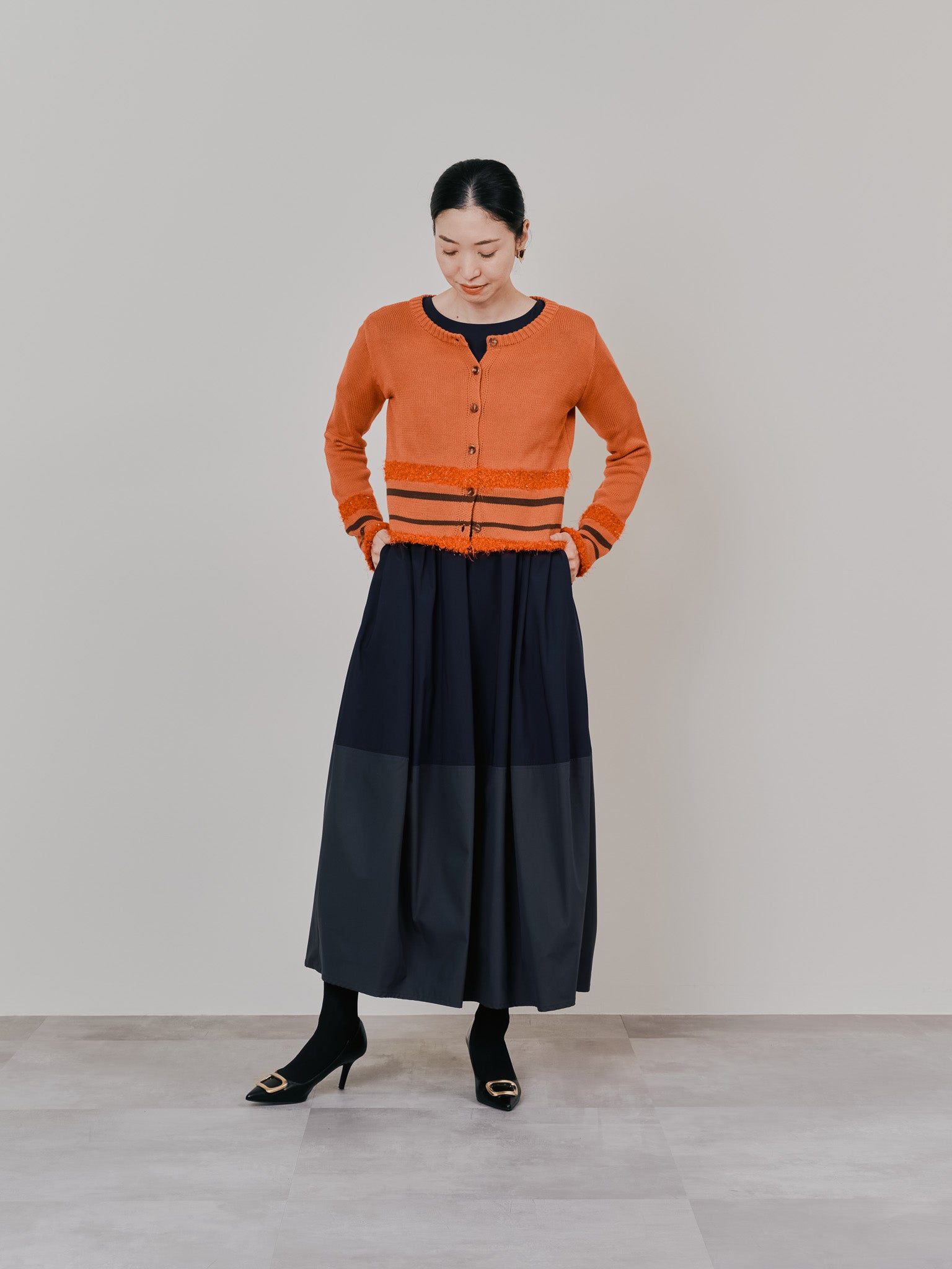 ショルダータックボリュームワンピース [601455] navy