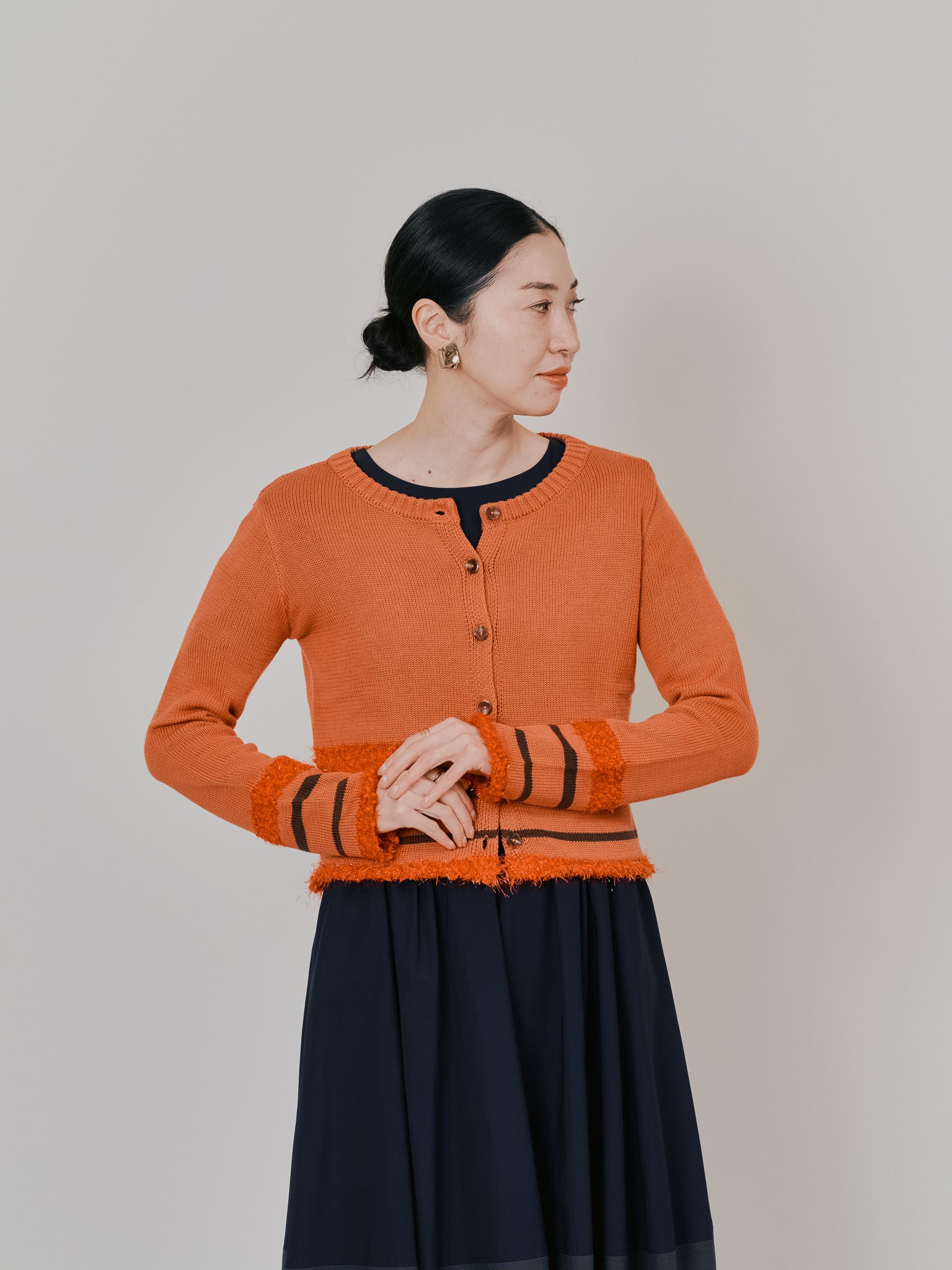 ポイントポップコーンマルチボーダーニットカーディガン [601458] orange