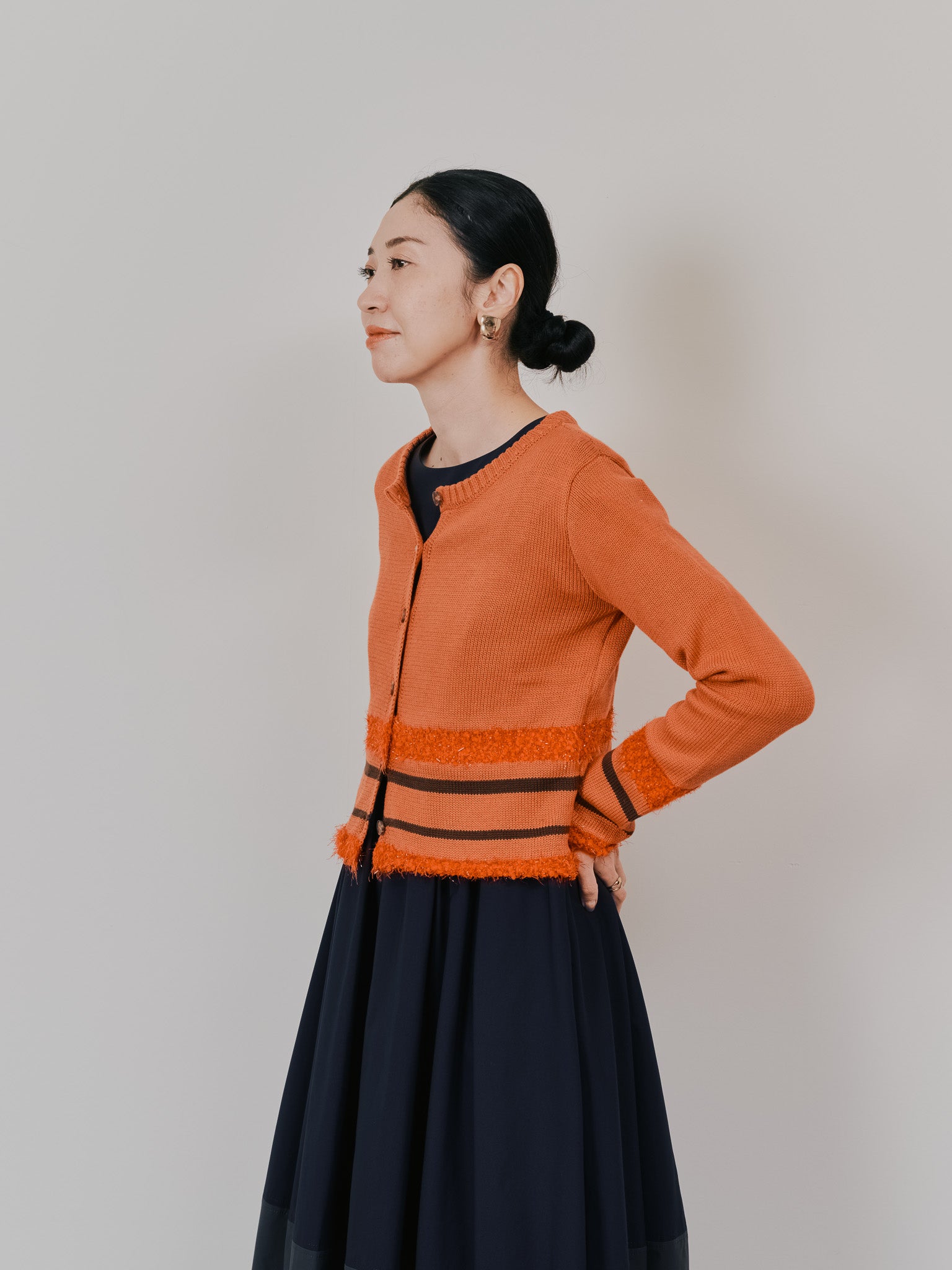 ポイントポップコーンマルチボーダーニットカーディガン [601458] orange