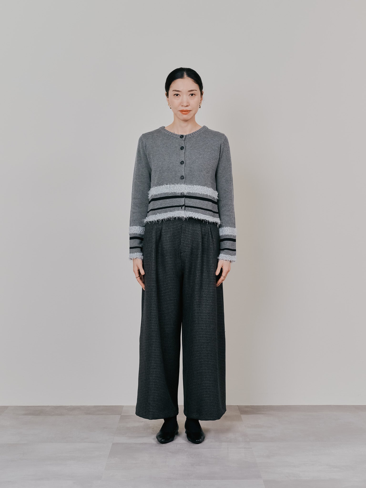 【SALE】ポイントポップコーンマルチボーダーニットカーディガン [601458] light grey