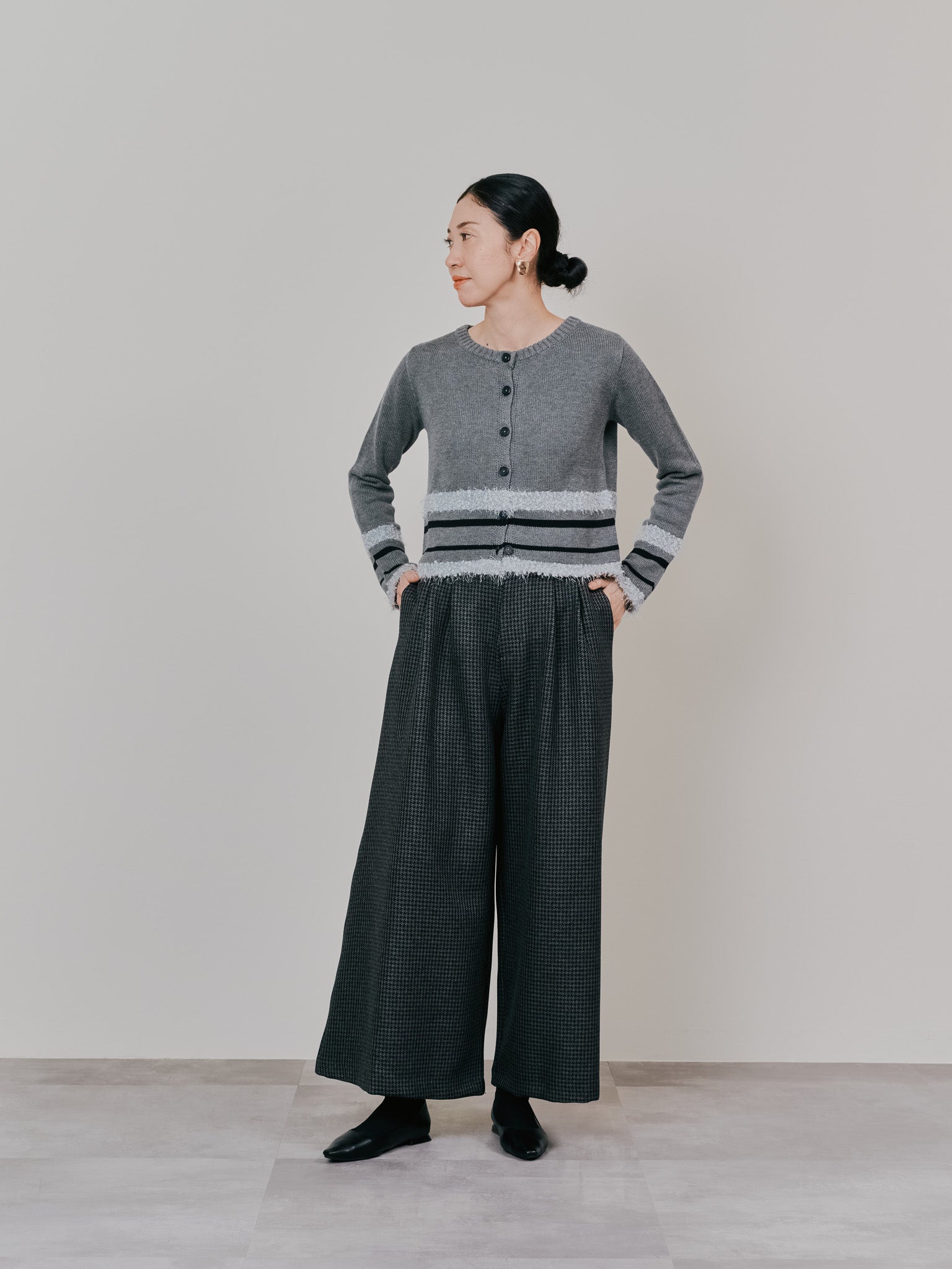 ポイントポップコーンマルチボーダーニットカーディガン [601458] light grey