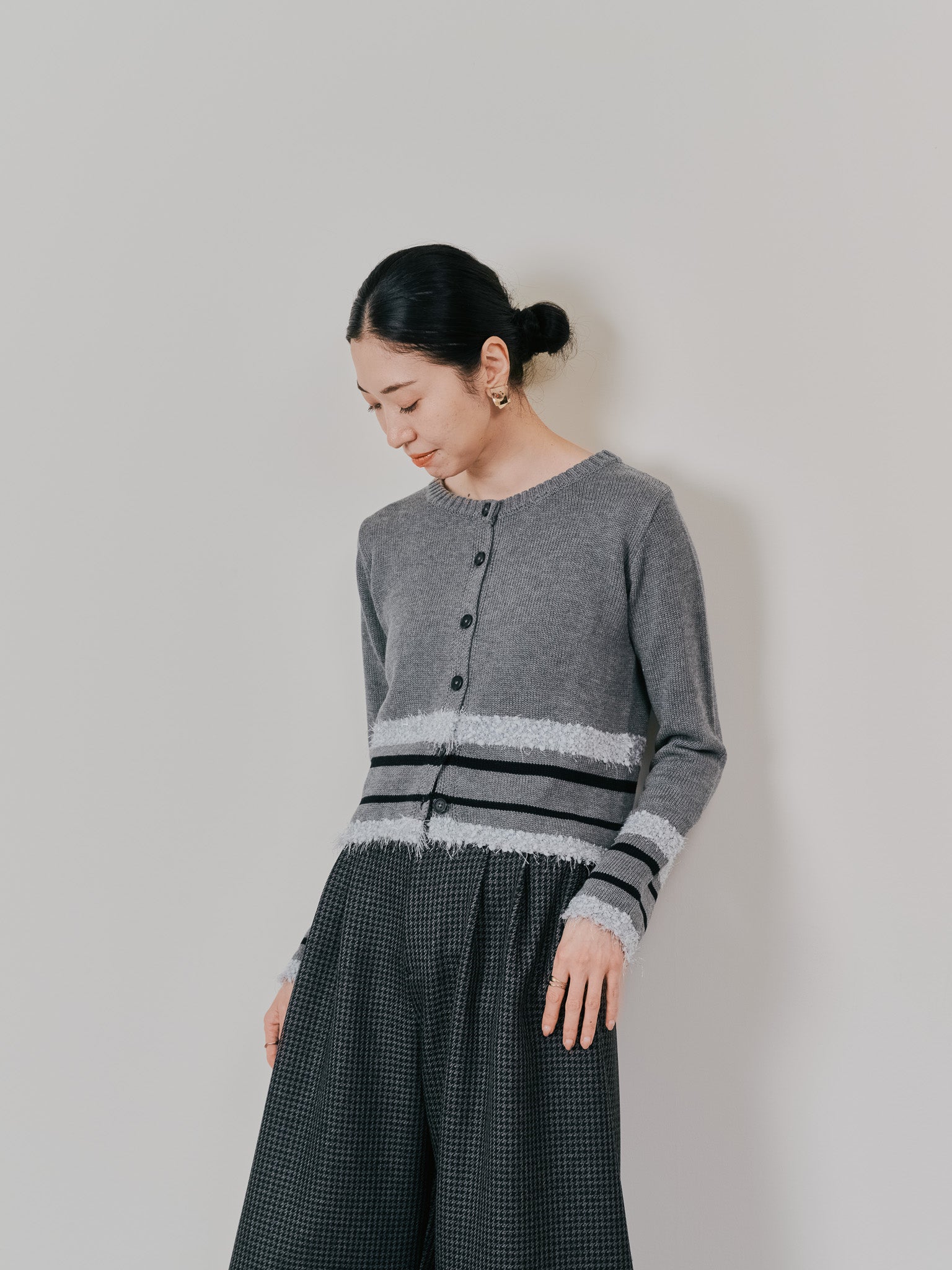 ポイントポップコーンマルチボーダーニットカーディガン [601458] light grey