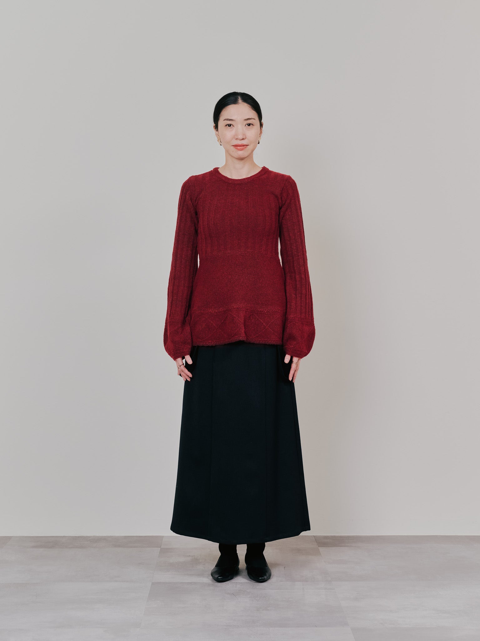 【SALE】ケーブルペプラムニットトップス [605534] wine