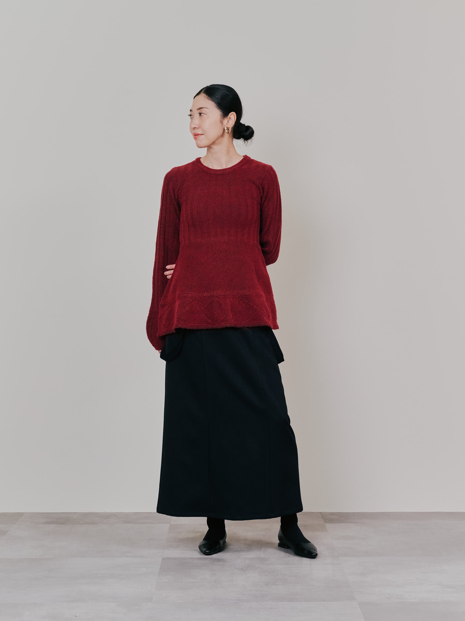 【SALE】ケーブルペプラムニットトップス [605534] wine