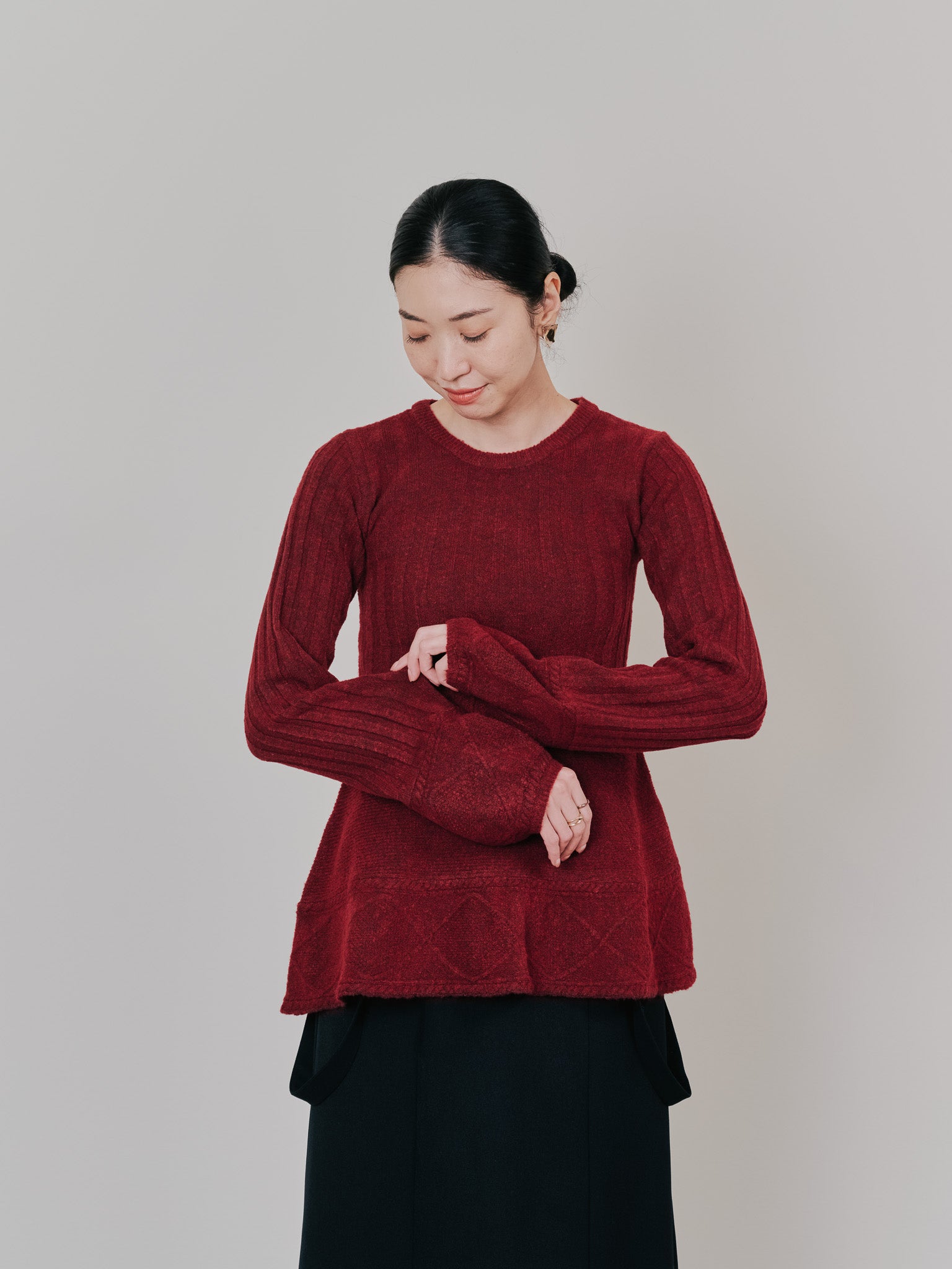 ケーブルペプラムニットトップス [605534] wine