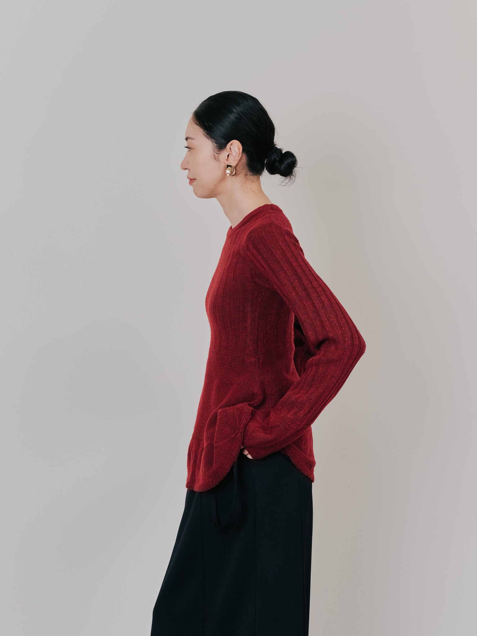 ケーブルペプラムニットトップス [605534] wine