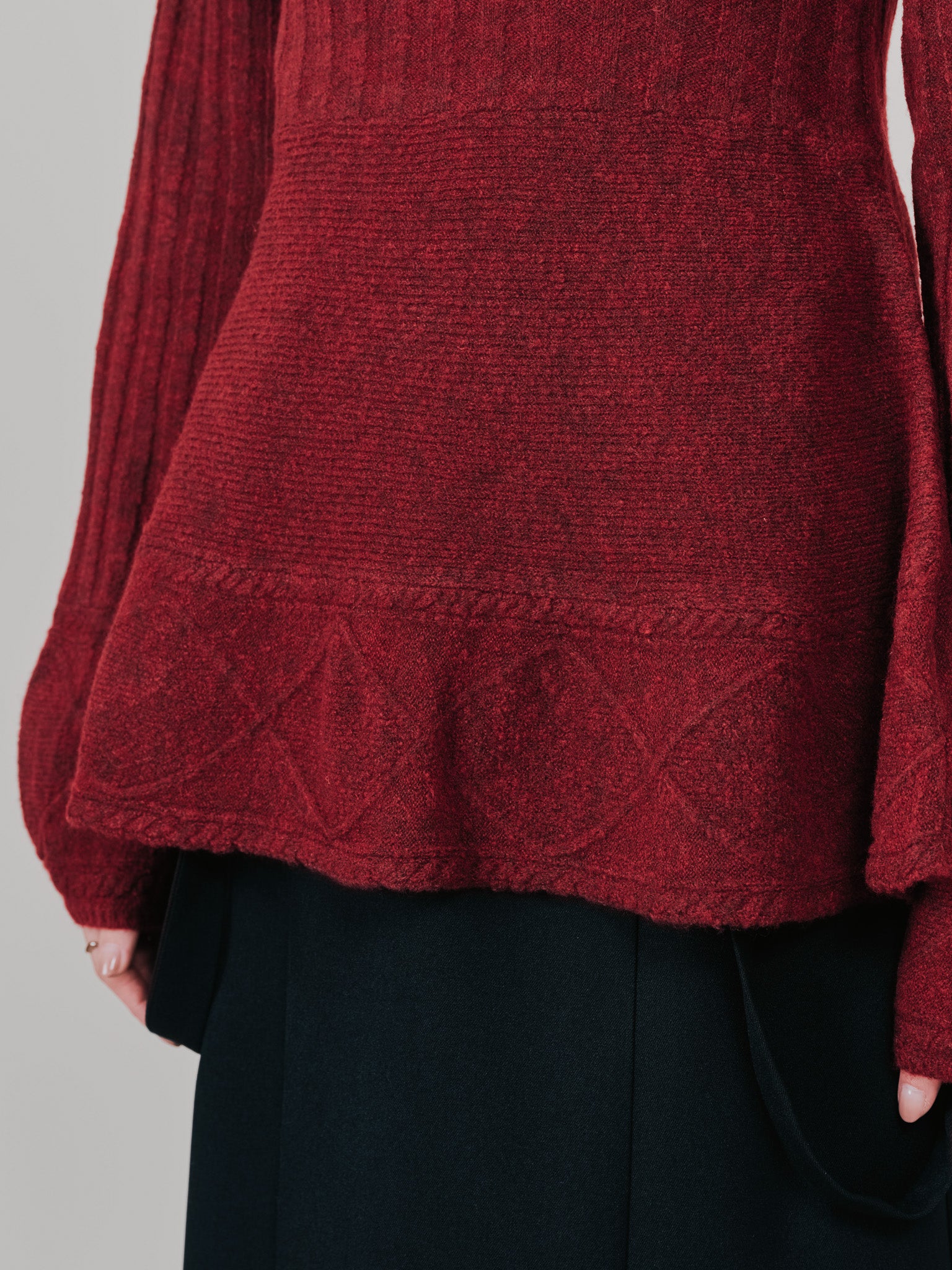 ケーブルペプラムニットトップス [605534] wine