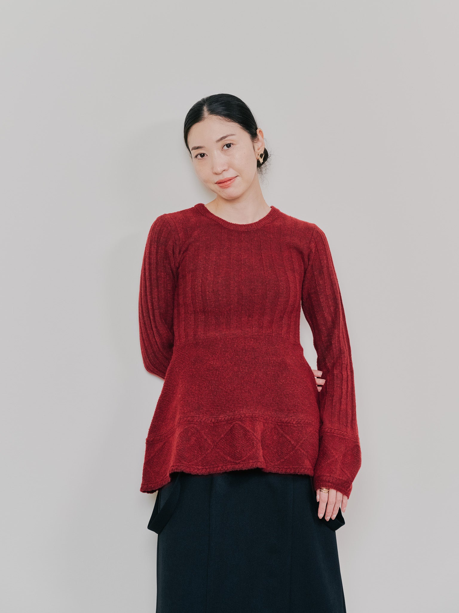 ケーブルペプラムニットトップス [605534] wine