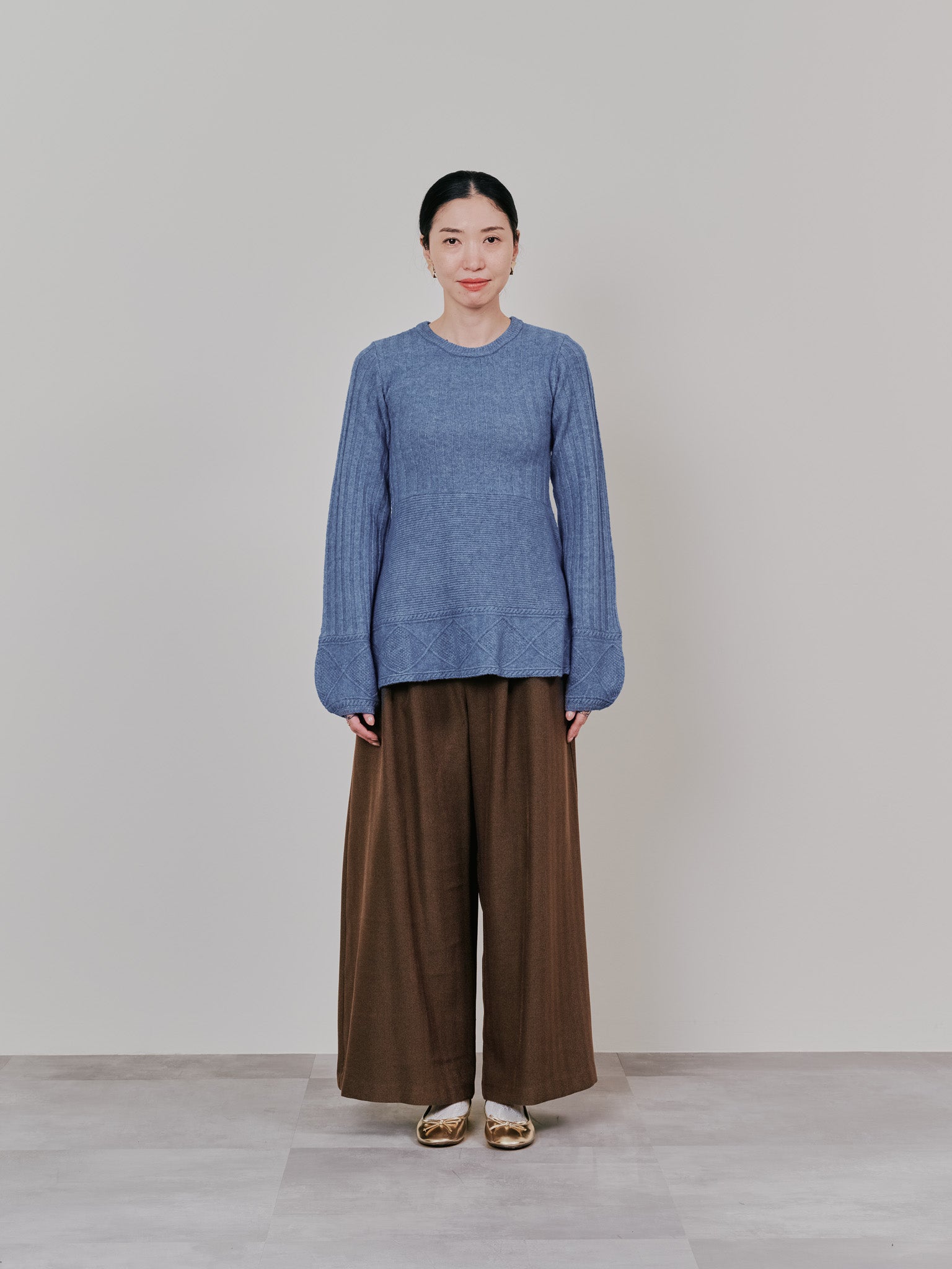 ケーブルペプラムニットトップス [605534] blue