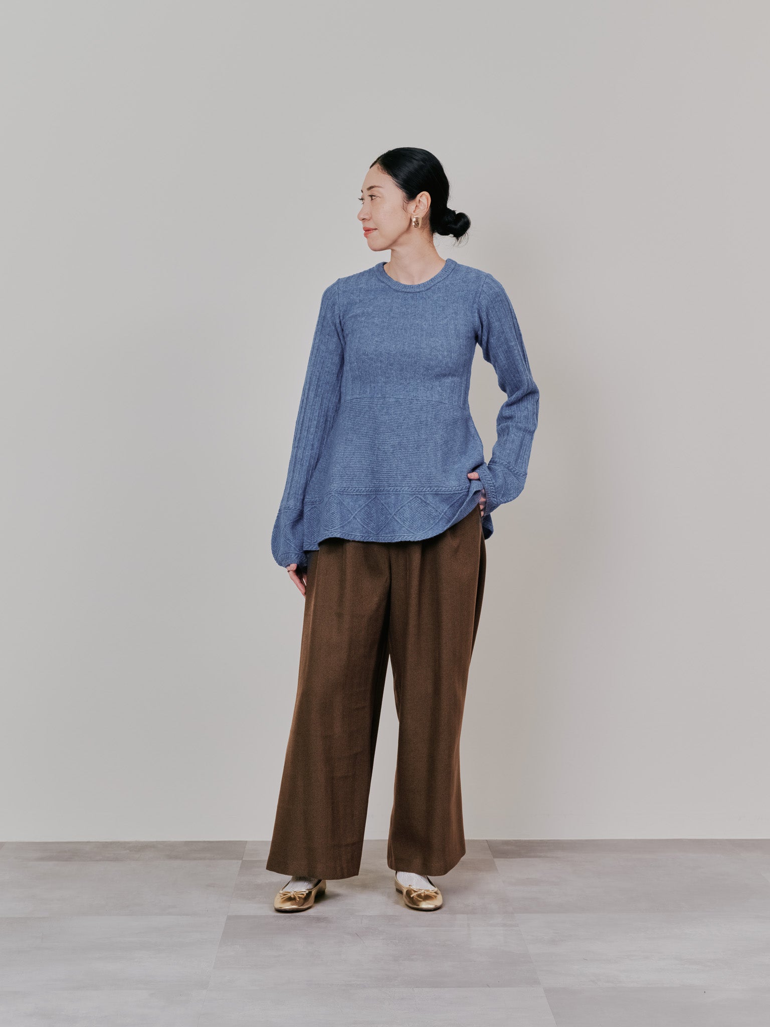 ケーブルペプラムニットトップス [605534] blue