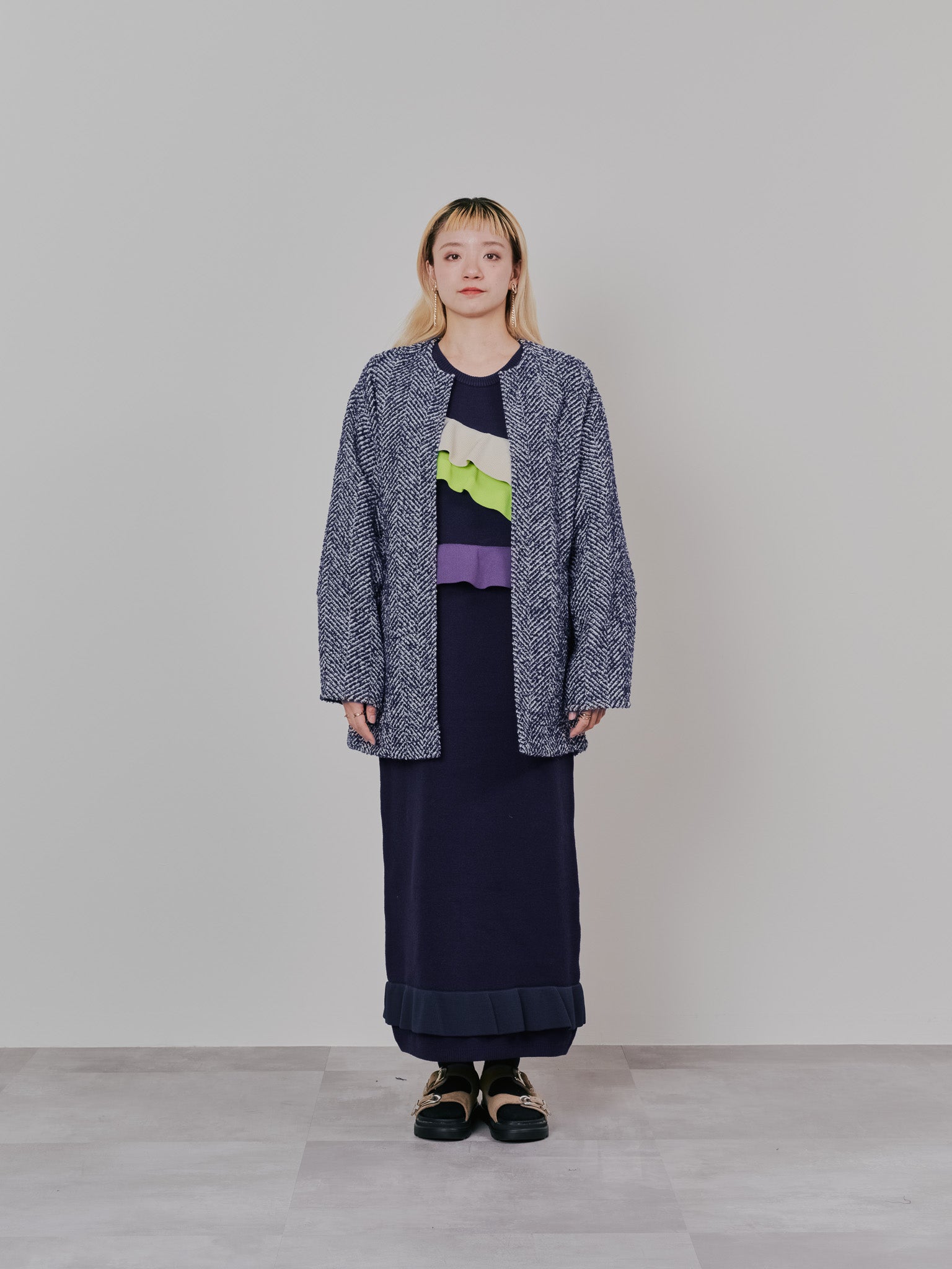 【-PRE SALE- 12/15 18:00まで!!】バックタックヘリンボーンツィードコーディガン [605561] blue