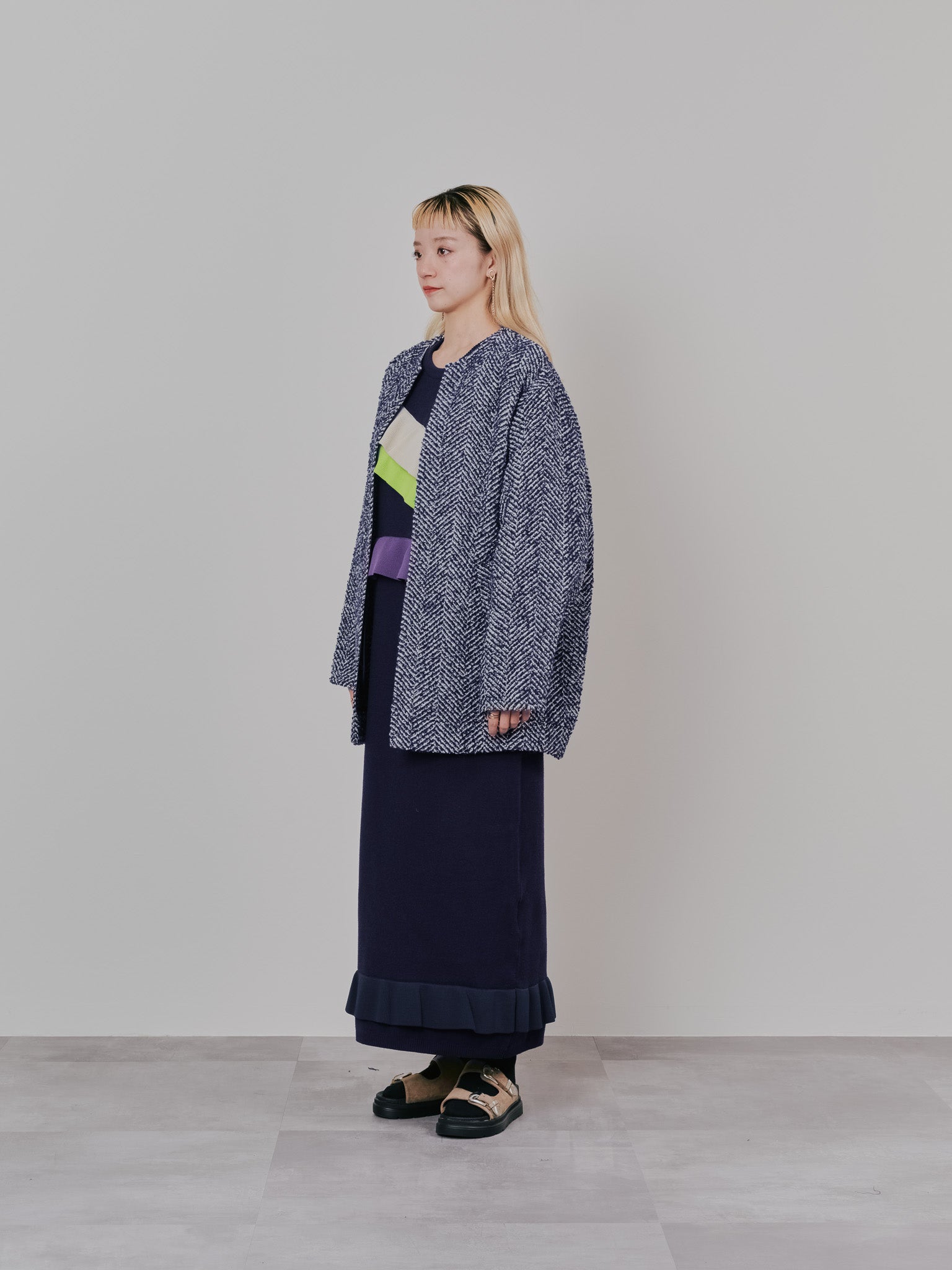 配色フリルティアードニットワンピース [601411] navy