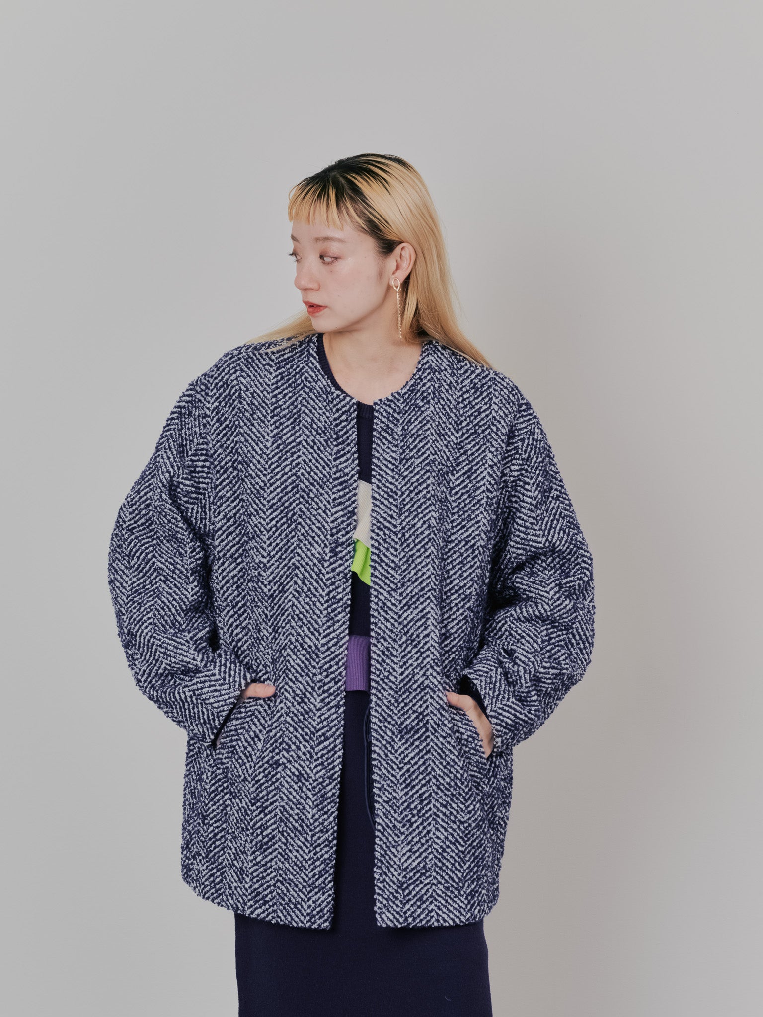 【-PRE SALE- 12/15 18:00まで!!】バックタックヘリンボーンツィードコーディガン [605561] blue