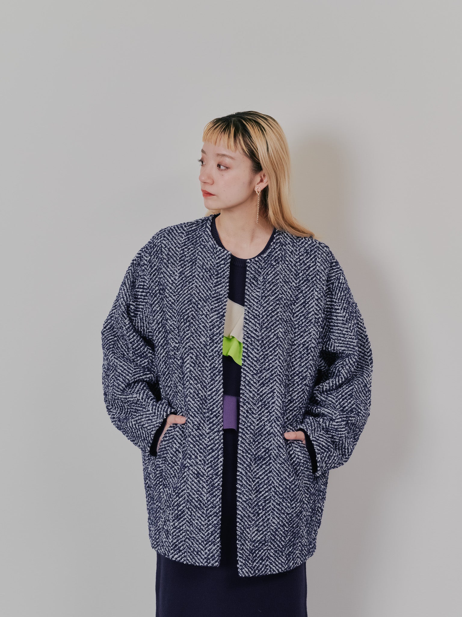 【-PRE SALE- 12/15 18:00まで!!】バックタックヘリンボーンツィードコーディガン [605561] blue