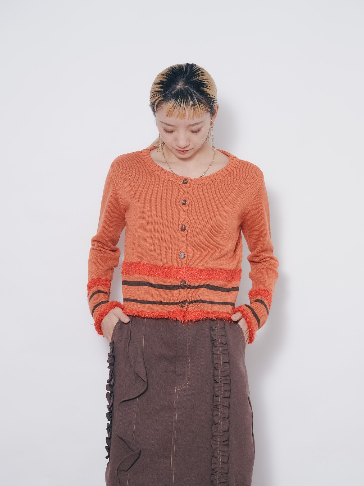 【SALE】ポイントポップコーンマルチボーダーニットカーディガン [601458] orange