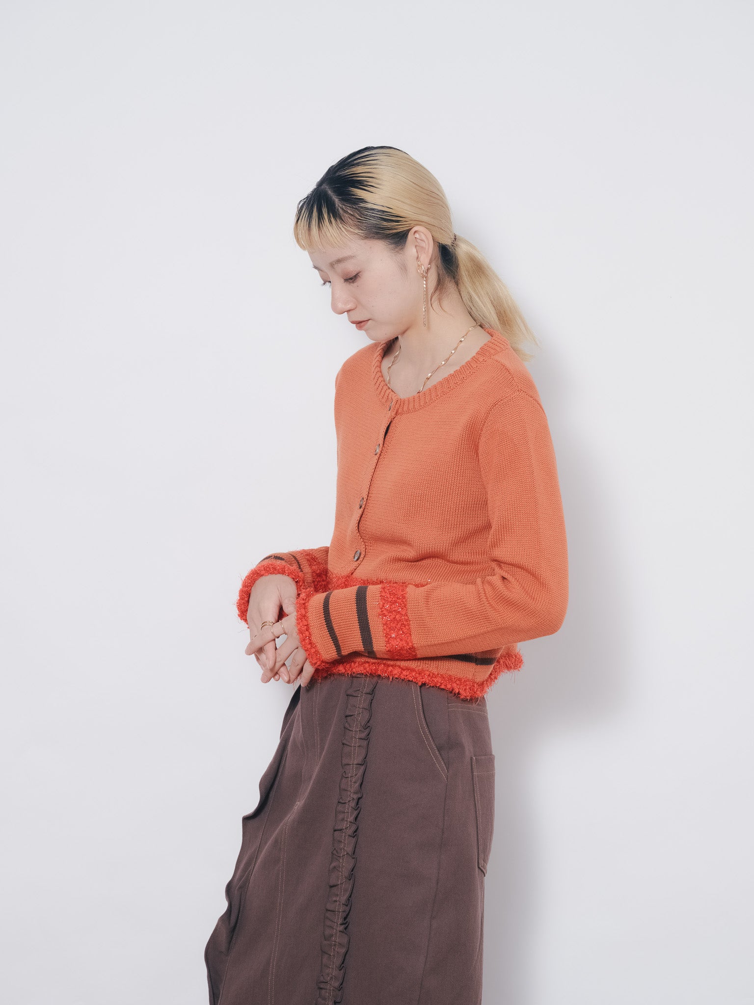 ポイントポップコーンマルチボーダーニットカーディガン [601458] orange