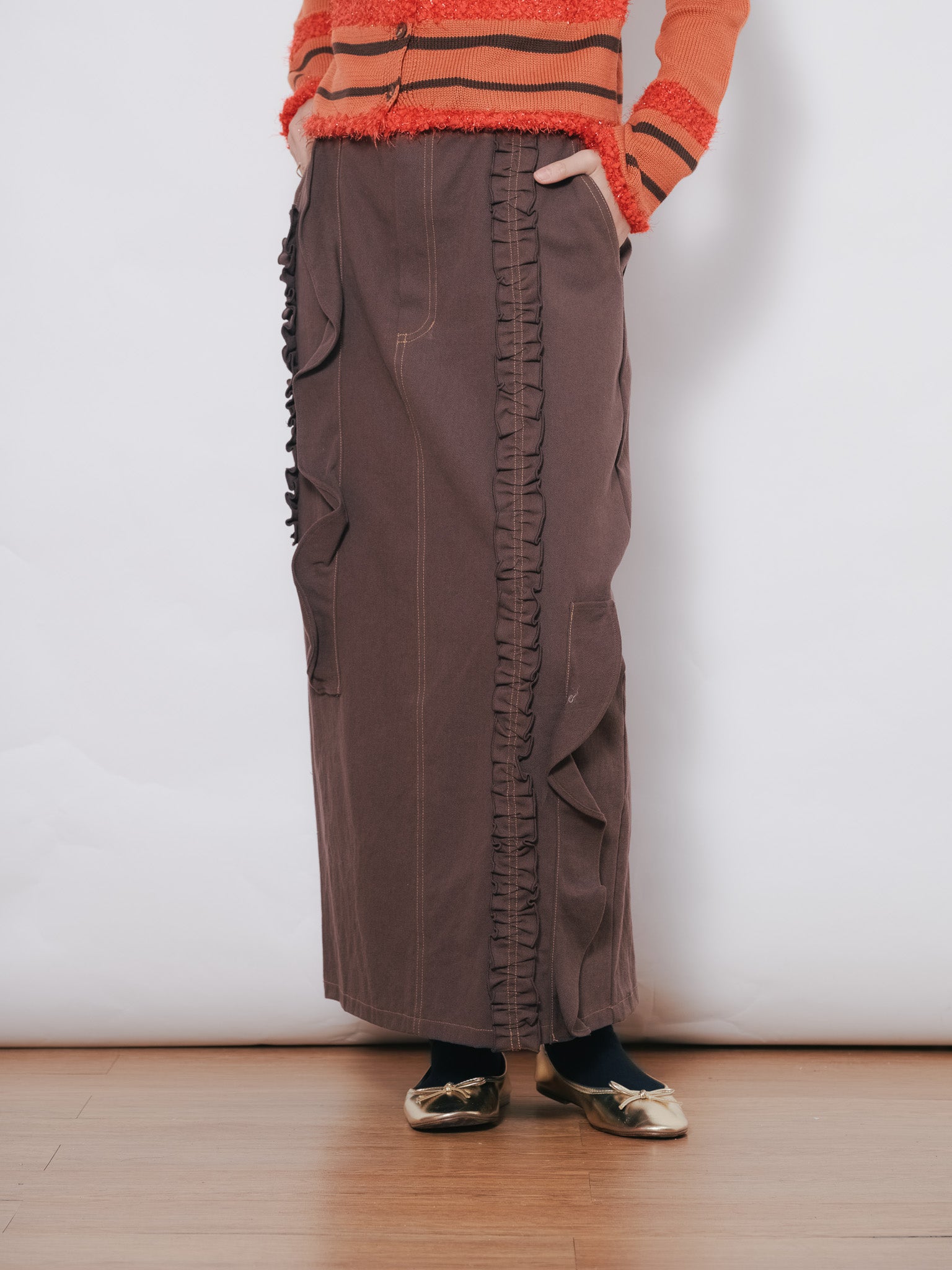 【SALE】ミックスフリルカツラギタイトスカート [601358] brown